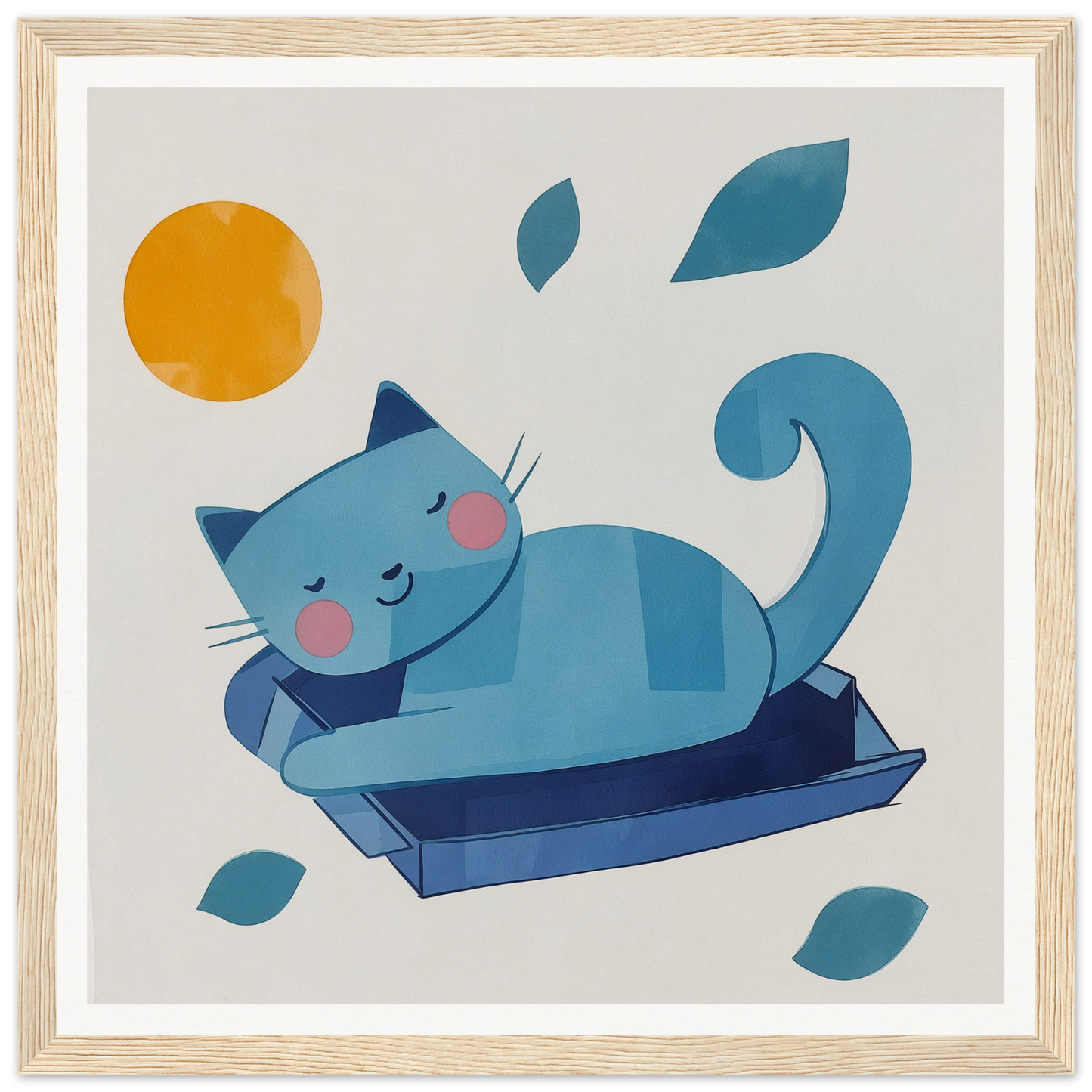 Blue cat napping in litter box, perfect for nursery wall art or decor ideas
