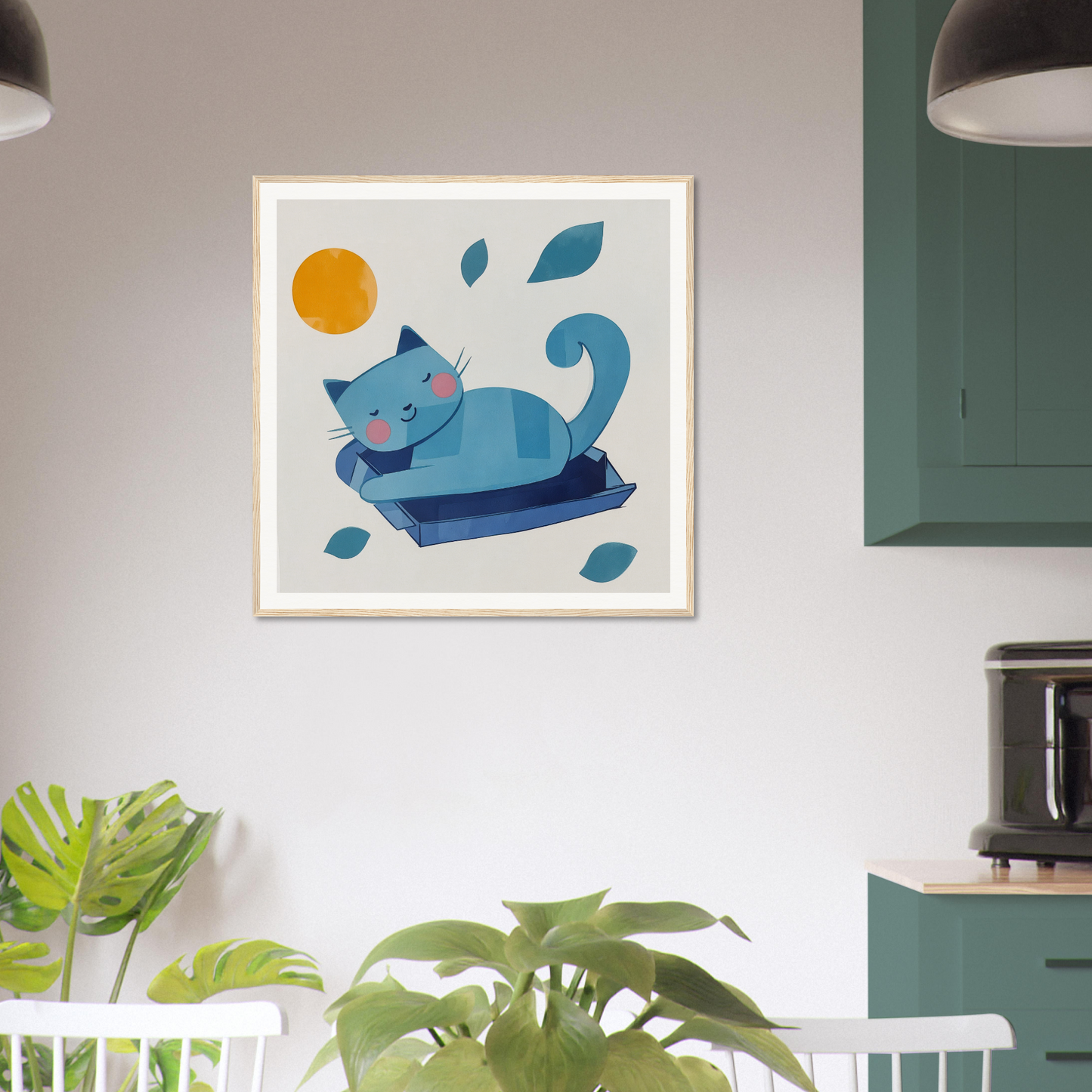 Framed artwork of a blue cat with leaves and sun, perfect for nursery decor