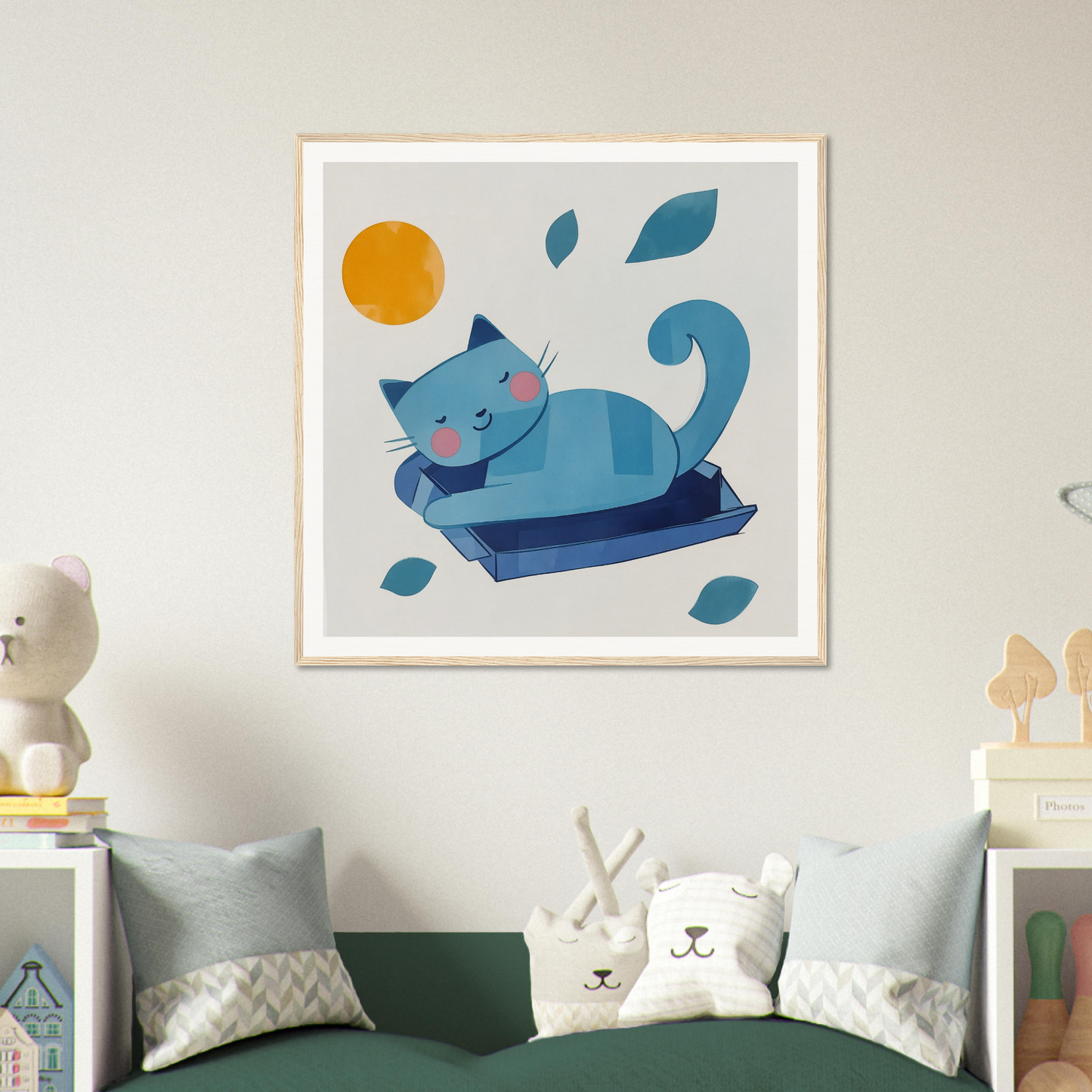 Blue cat relaxing under a yellow sun, perfect for nursery wall art and decor