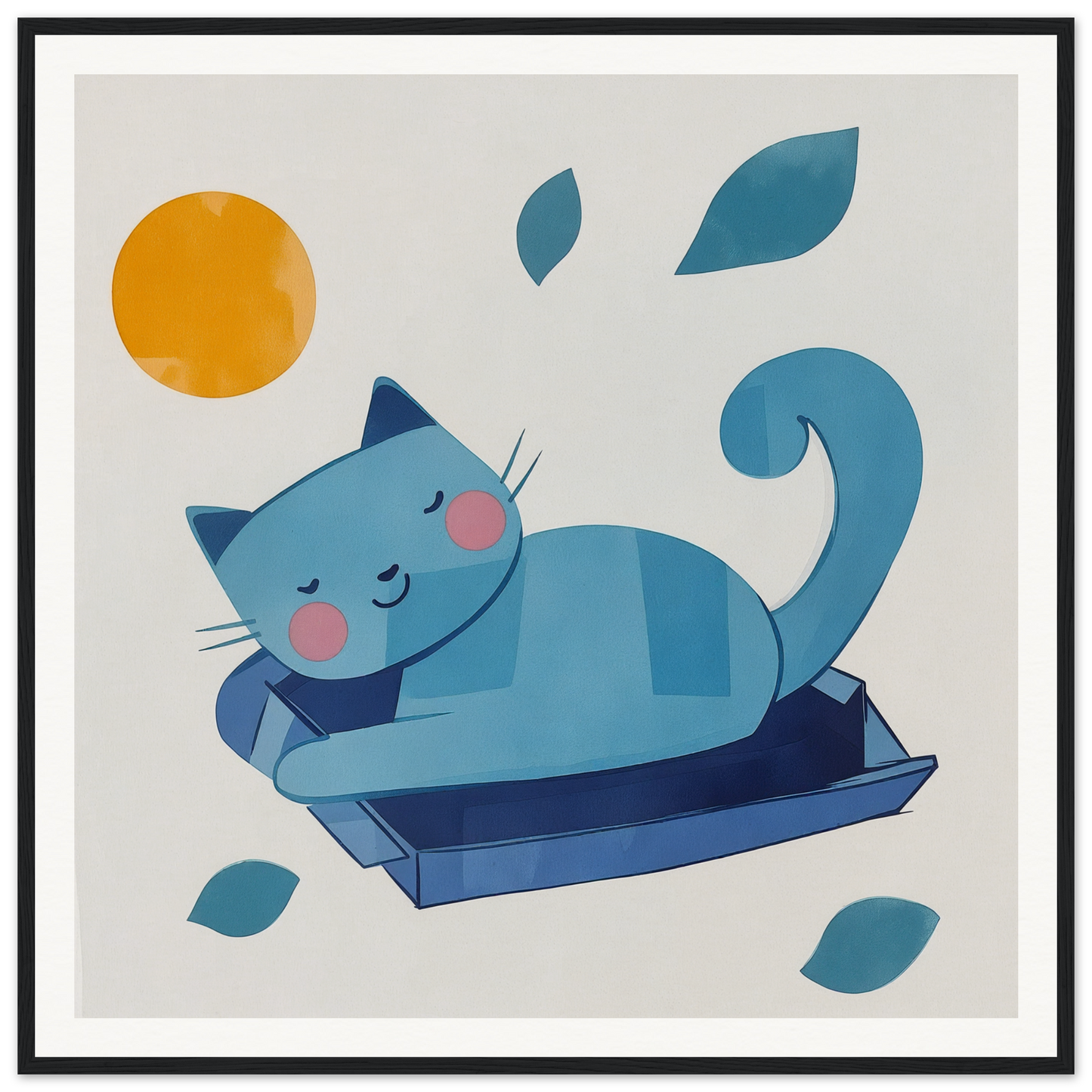 Blue cat chillin’ in a box perfect for nursery wall art decor or framed poster