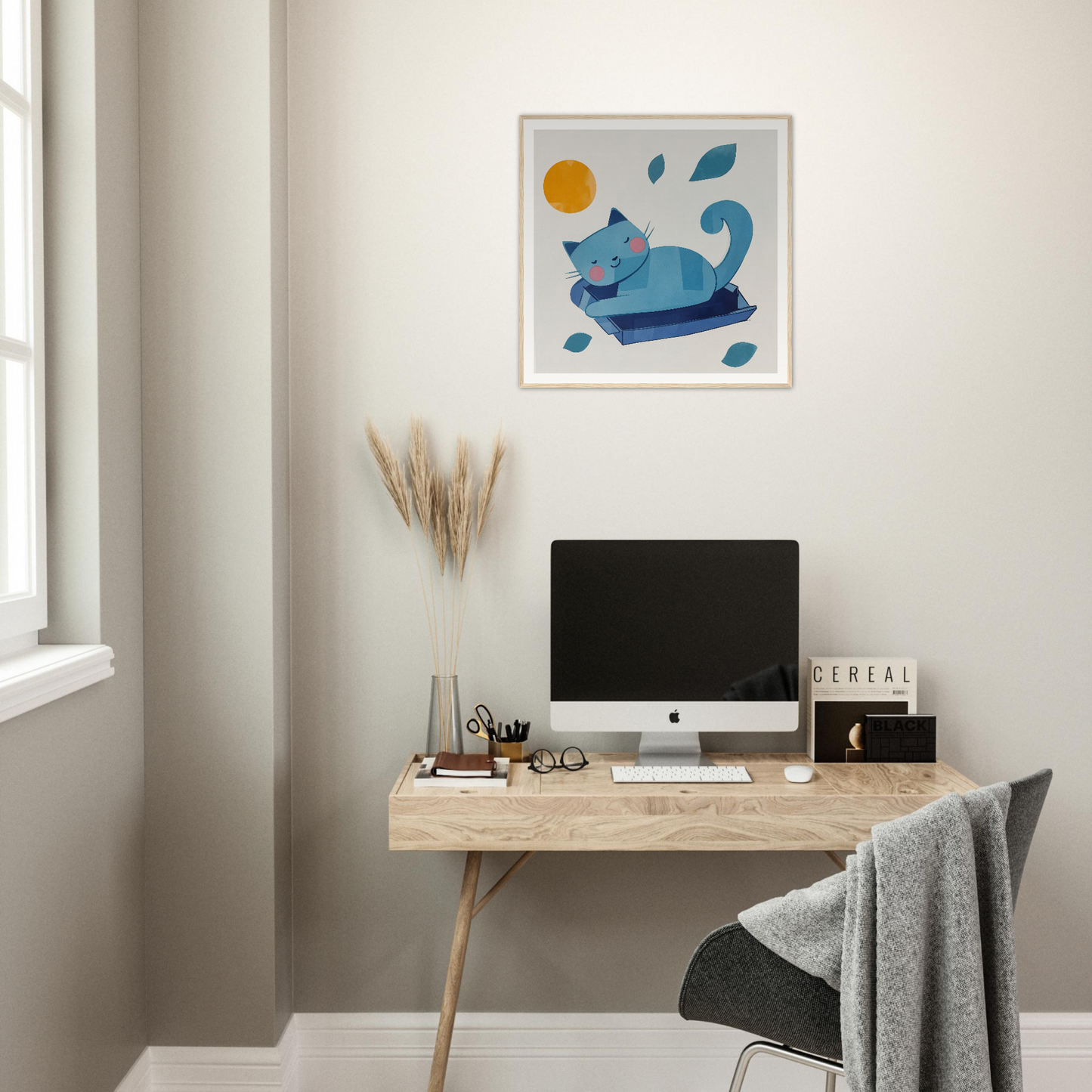 Whimsical blue cat illustration for nursery wall art with floating leaves and sun