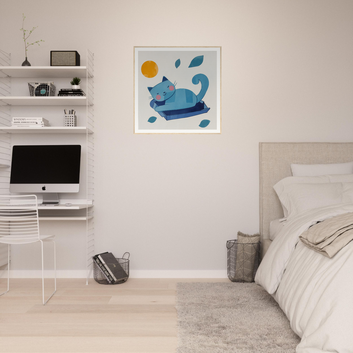Minimalist bedroom with floating shelves and blue cat nursery wall art on display
