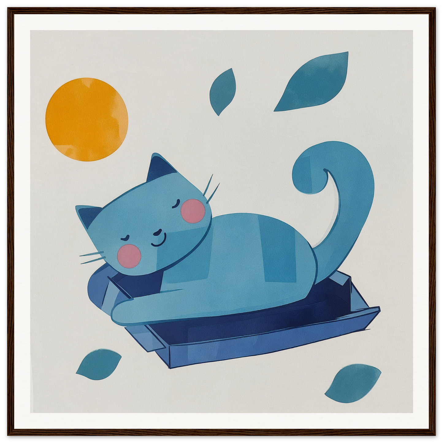 Blue cat happily lounging in a litter box for cute nursery wall art decor