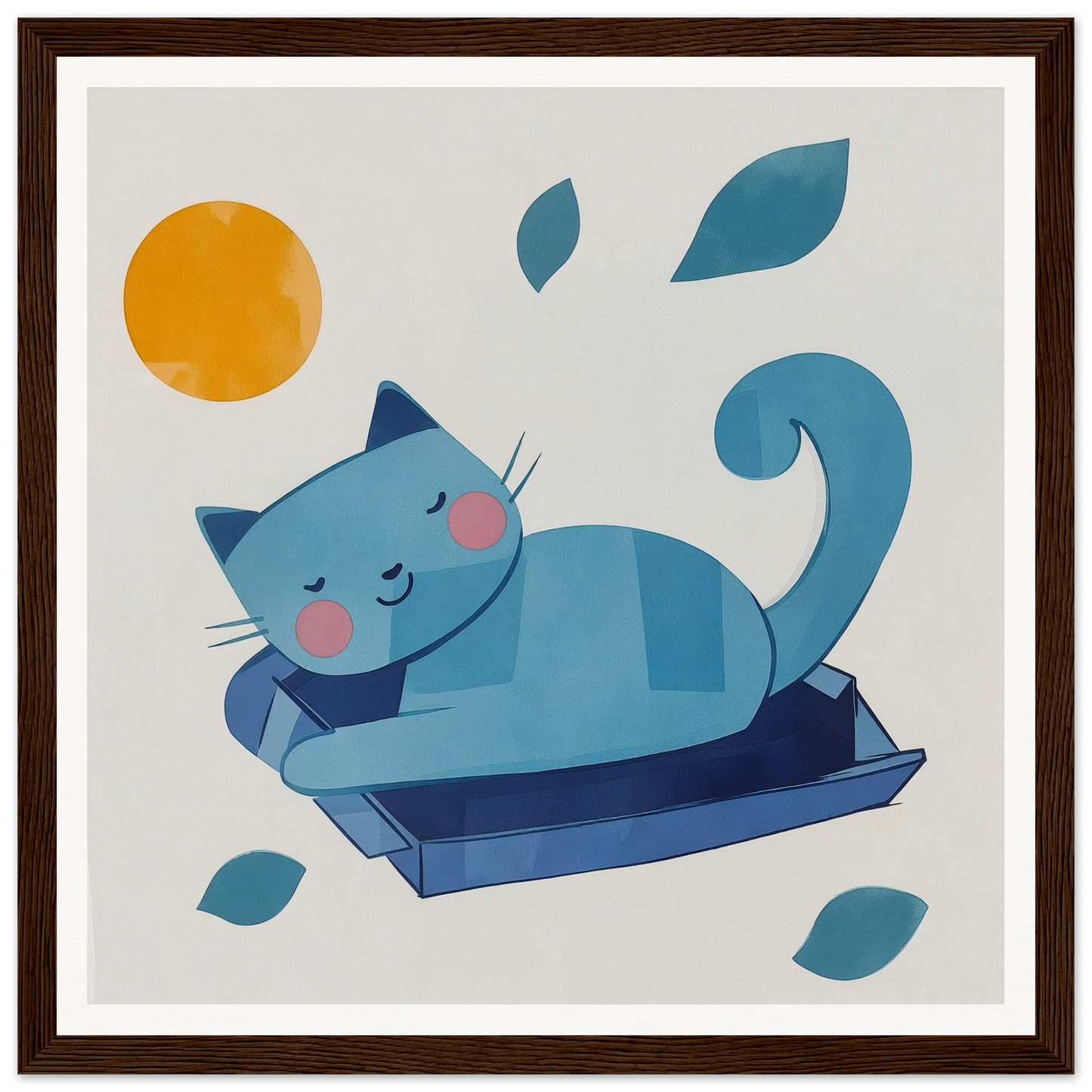 Blue cat sleeping in a litter box, perfect for nursery wall art and decor