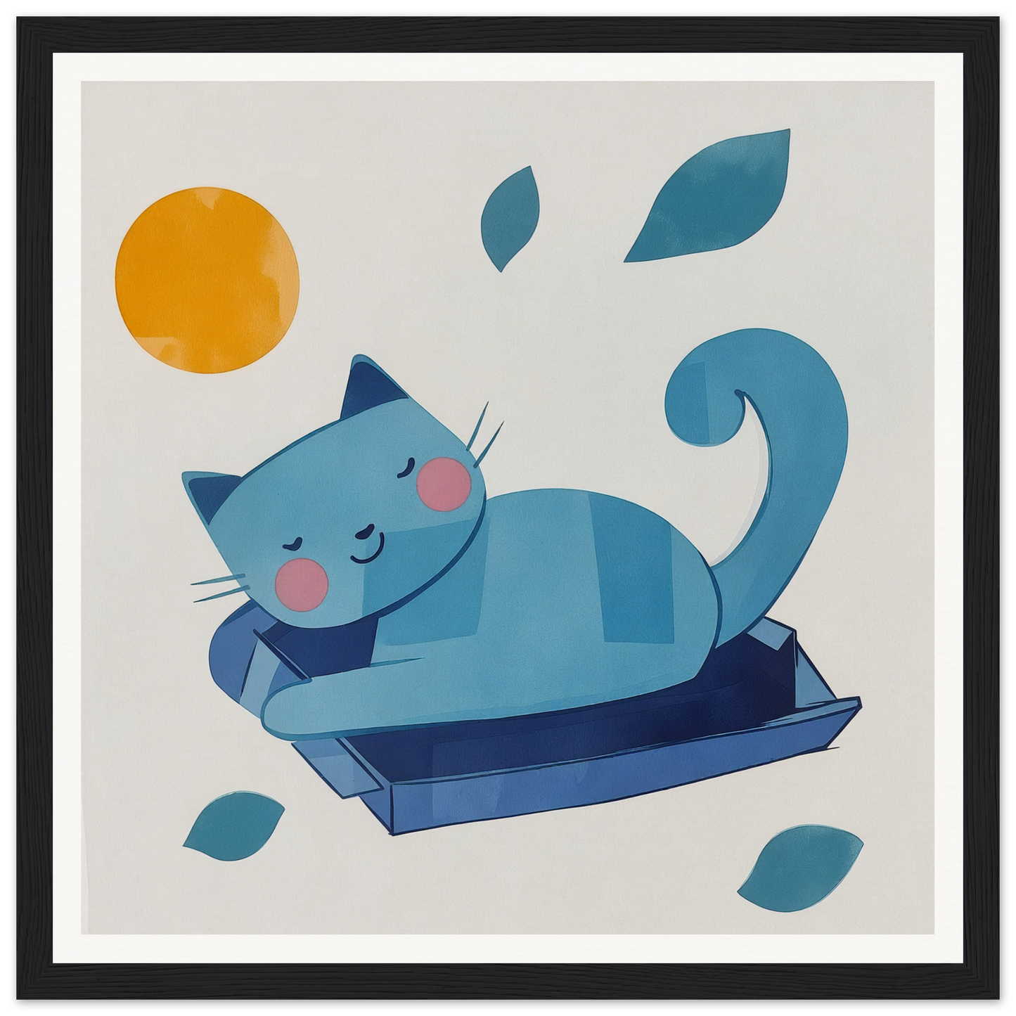 Blue cat sleeping happily in a litter box, perfect for nursery wall art decor