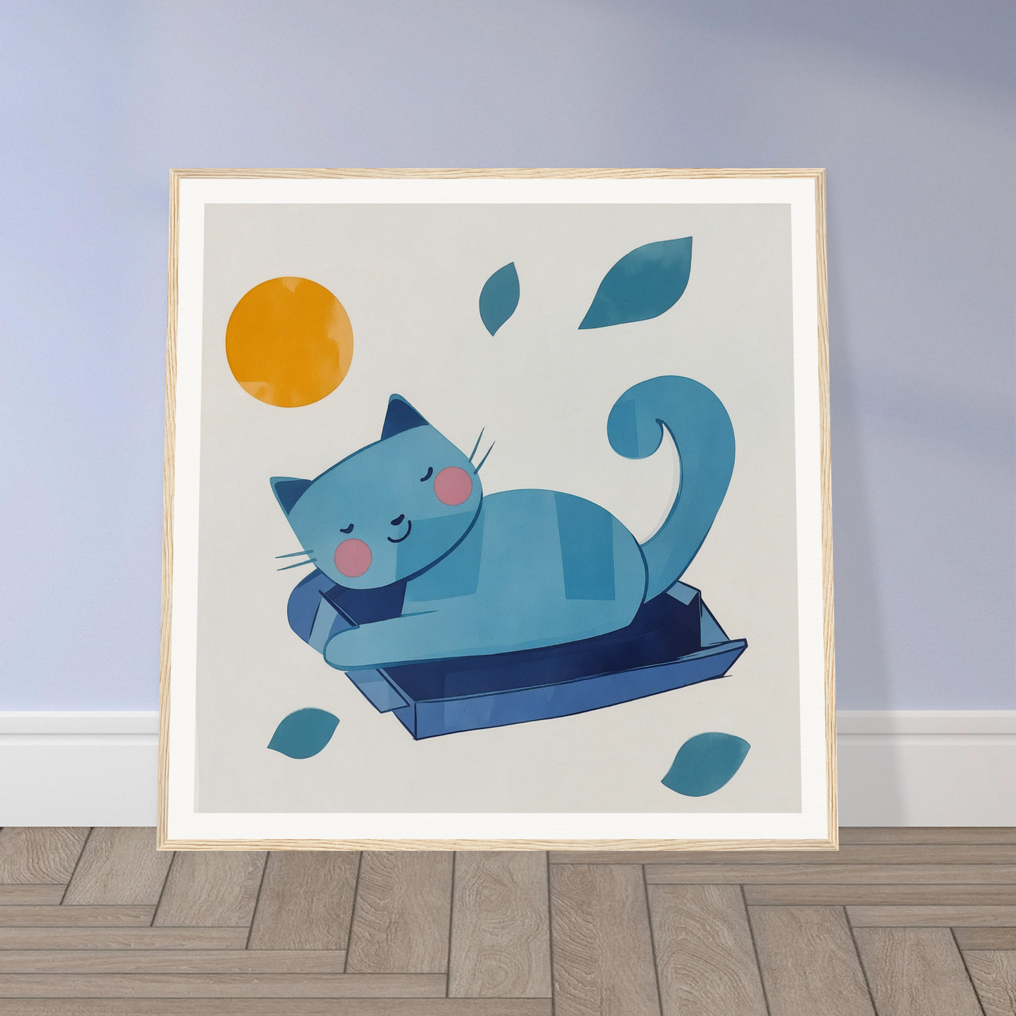 Cute blue cartoon cat chilling in a box, perfect for nursery wall art or decor