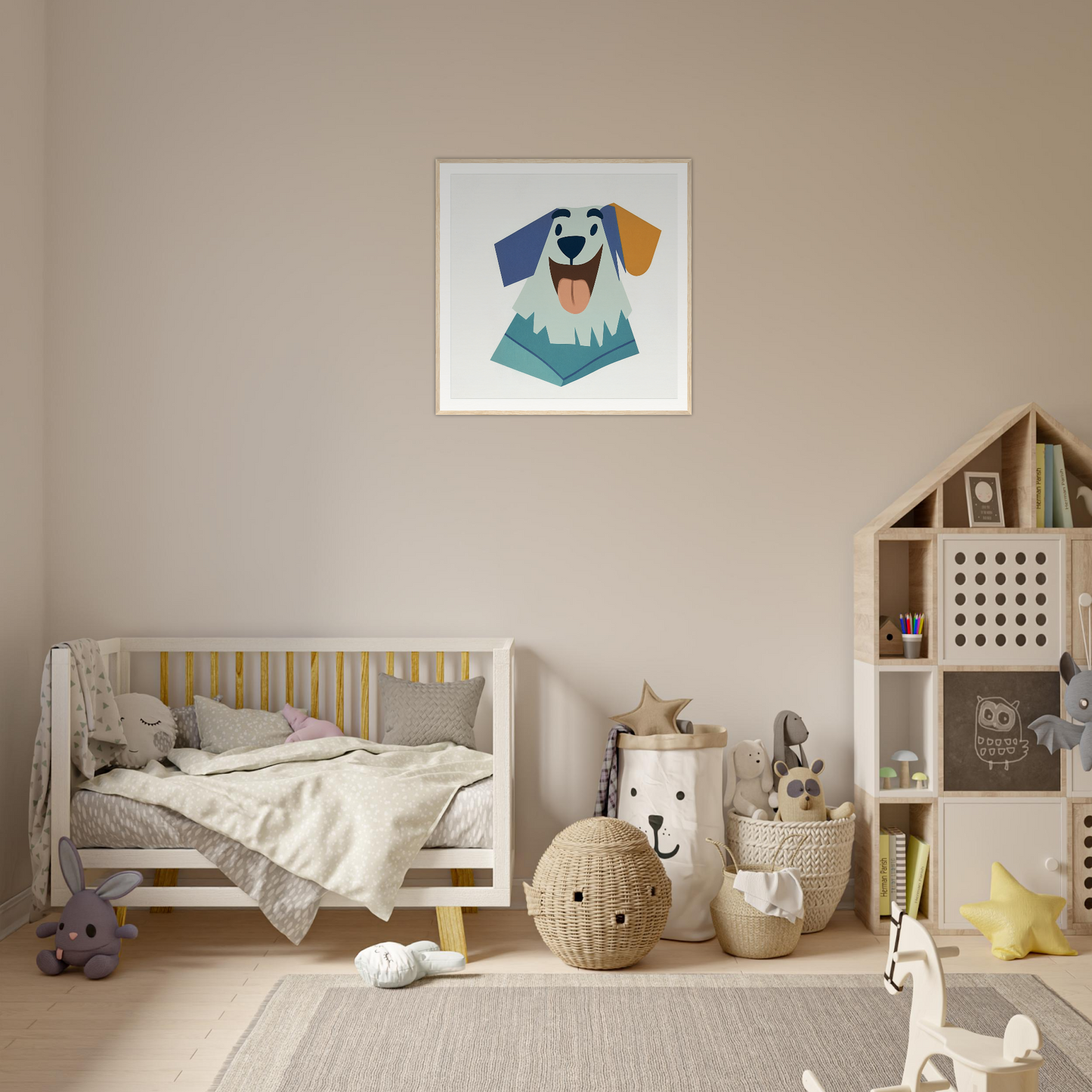 Cartoon dog head illustration in blue and yellow for cute nursery wall art