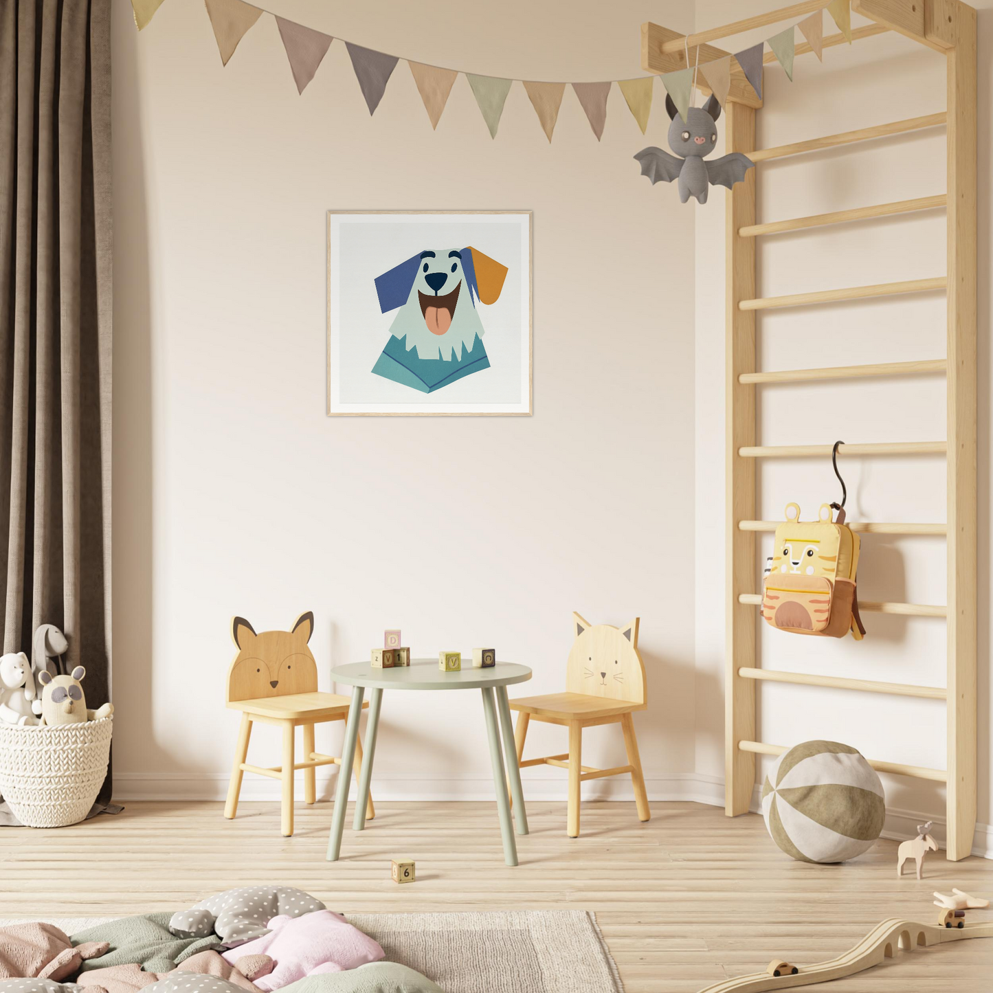 Colorful children’s play area with animal chairs and a round table for nursery decor