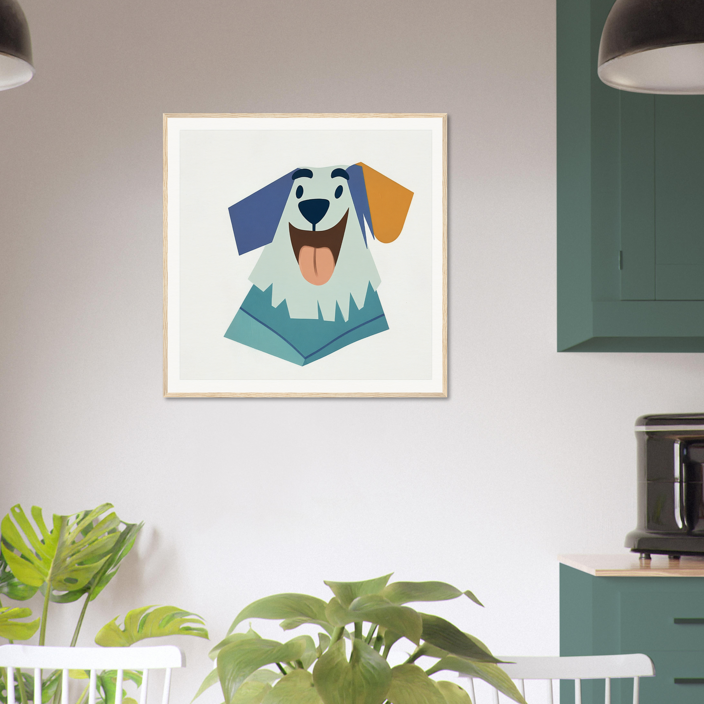 Colorful geometric happy dog illustration for nursery wall art or decor in product213
