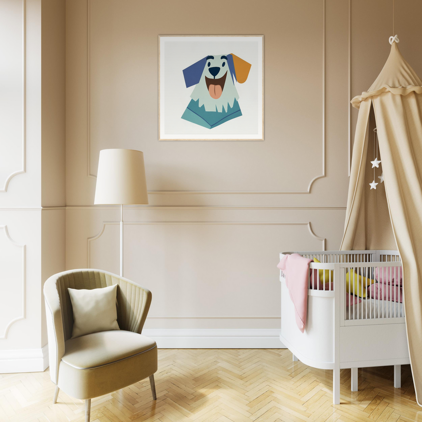 Whimsical cartoon dog nursery wall art with blue and orange ears for adorable decor
