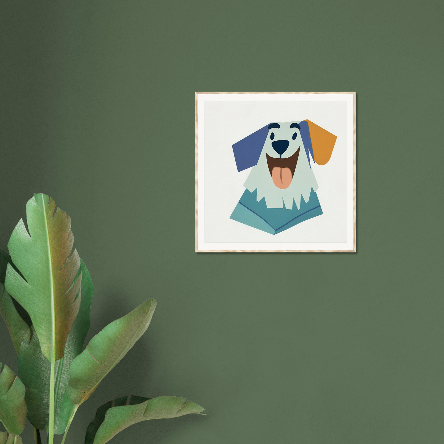 Framed geometric dog face illustration for fun nursery wall art or decor