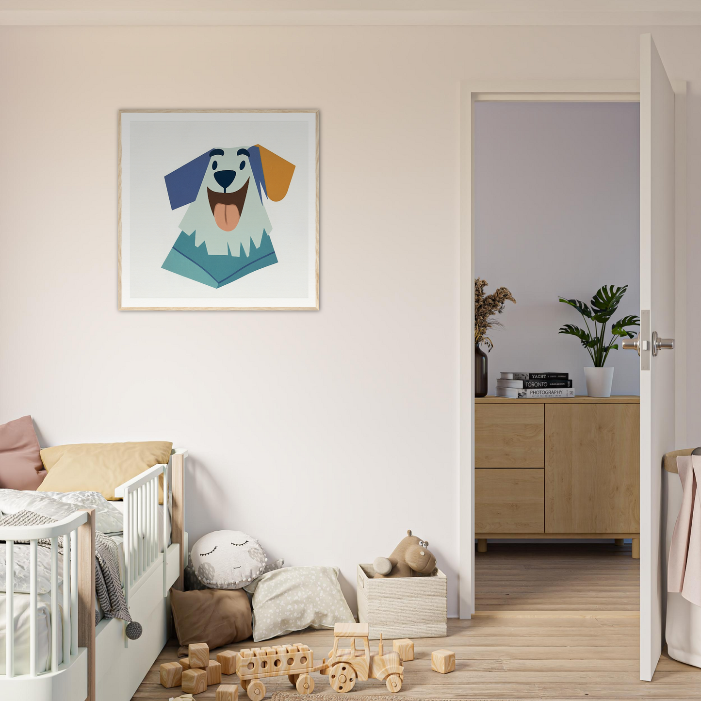 Geometric art print of a happy dog’s face in blue and orange for nursery wall art