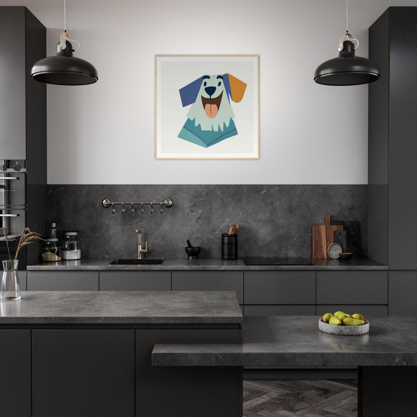 Modern dark gray kitchen showcasing geometric dog artwork as stylish nursery wall art