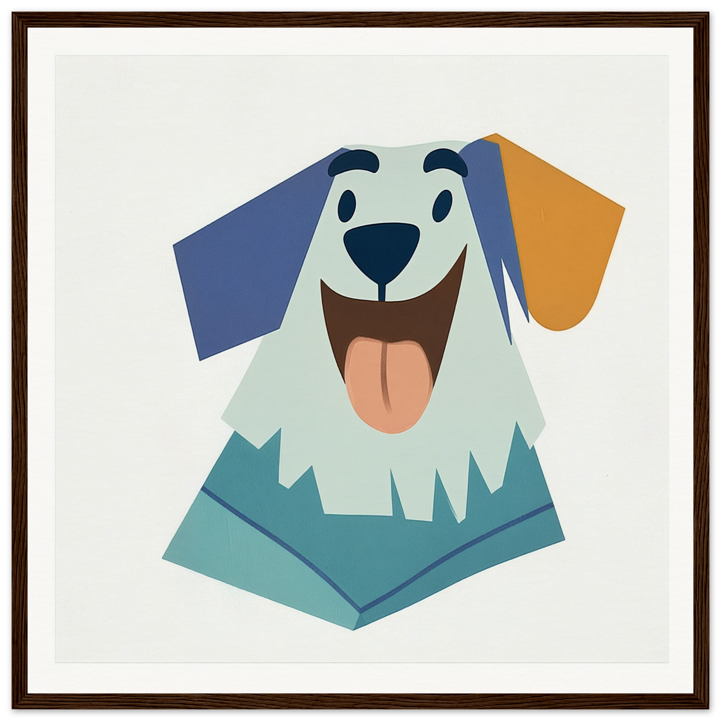 Happy cartoon dog with floppy blue and orange ears perfect for nursery wall art