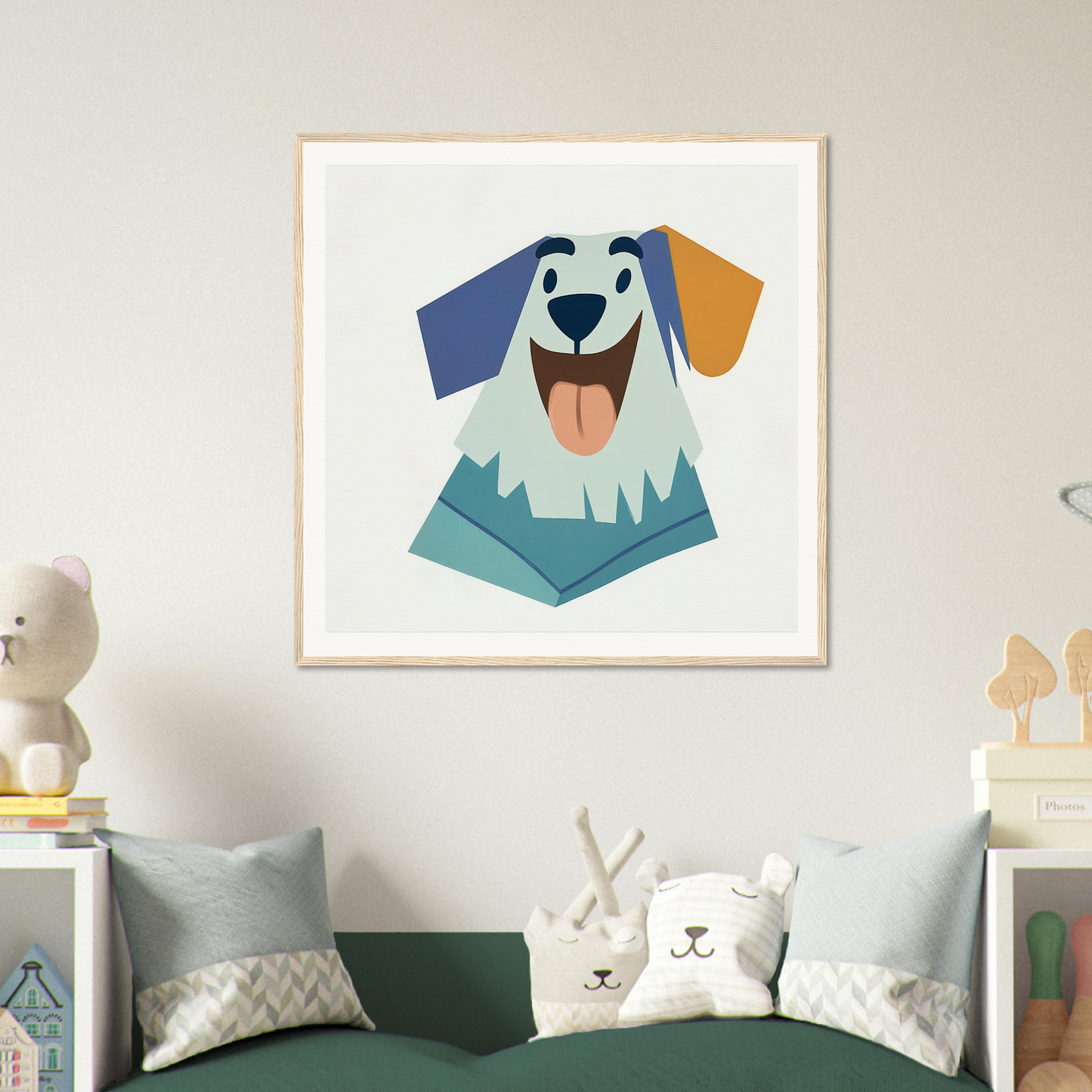 Geometric illustration of a happy dog for cute nursery wall art or decor