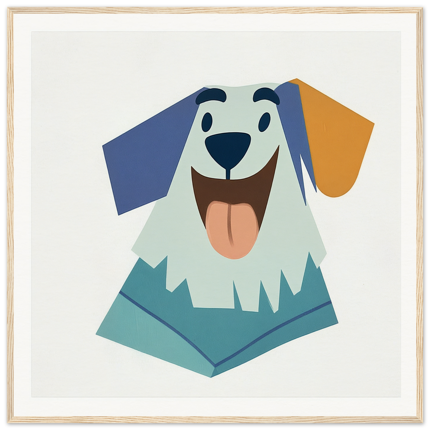 Happy cartoon dog with blue and orange ears for nursery wall art, perfect decor!