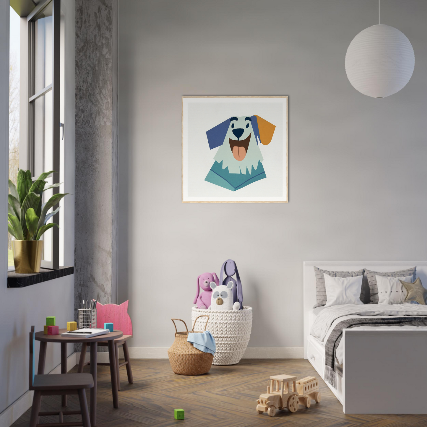 Colorful cartoon dog illustration for nursery wall art displayed in product213 framed poster