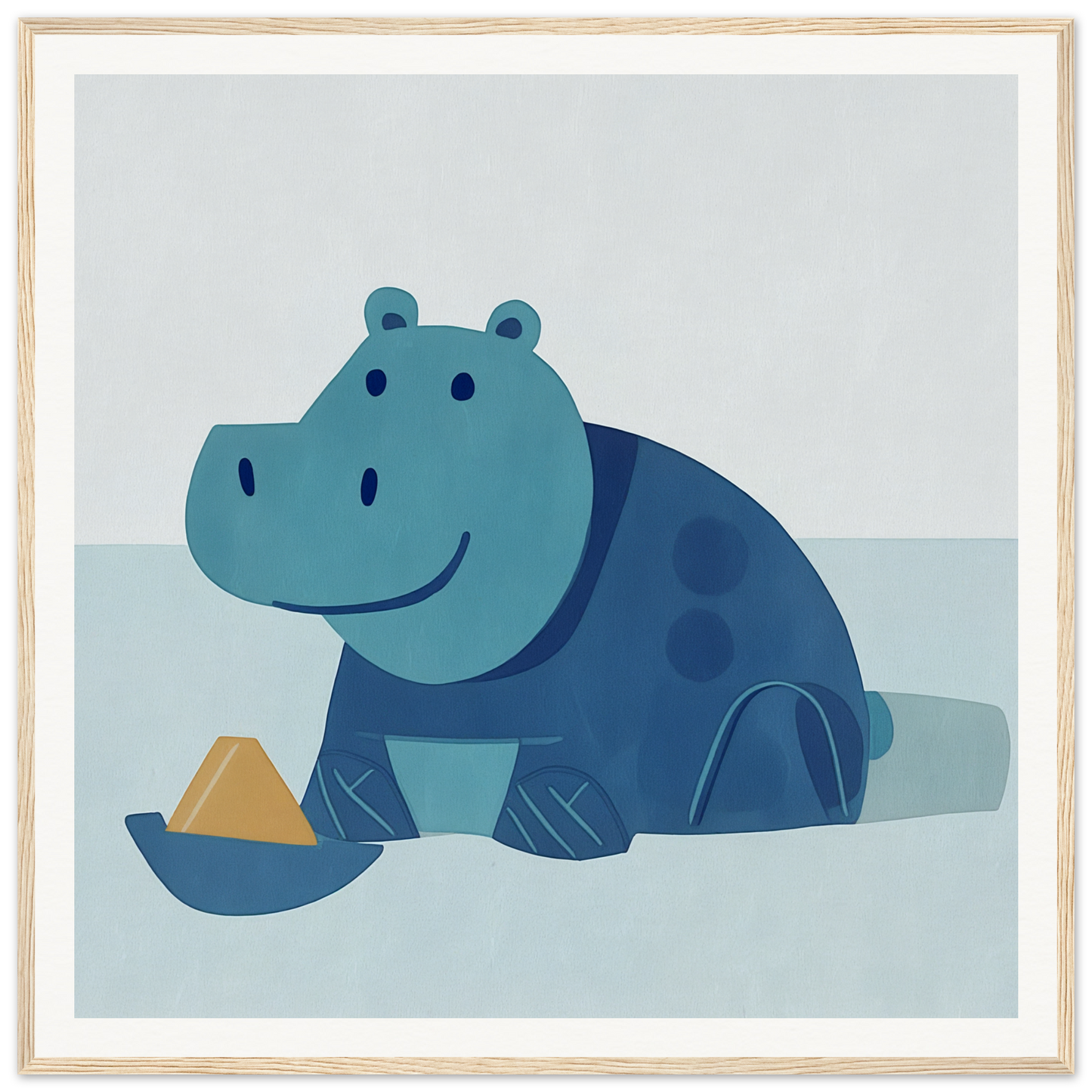 Blue cartoon hippo with dark spots in water, perfect for nursery wall art or decor