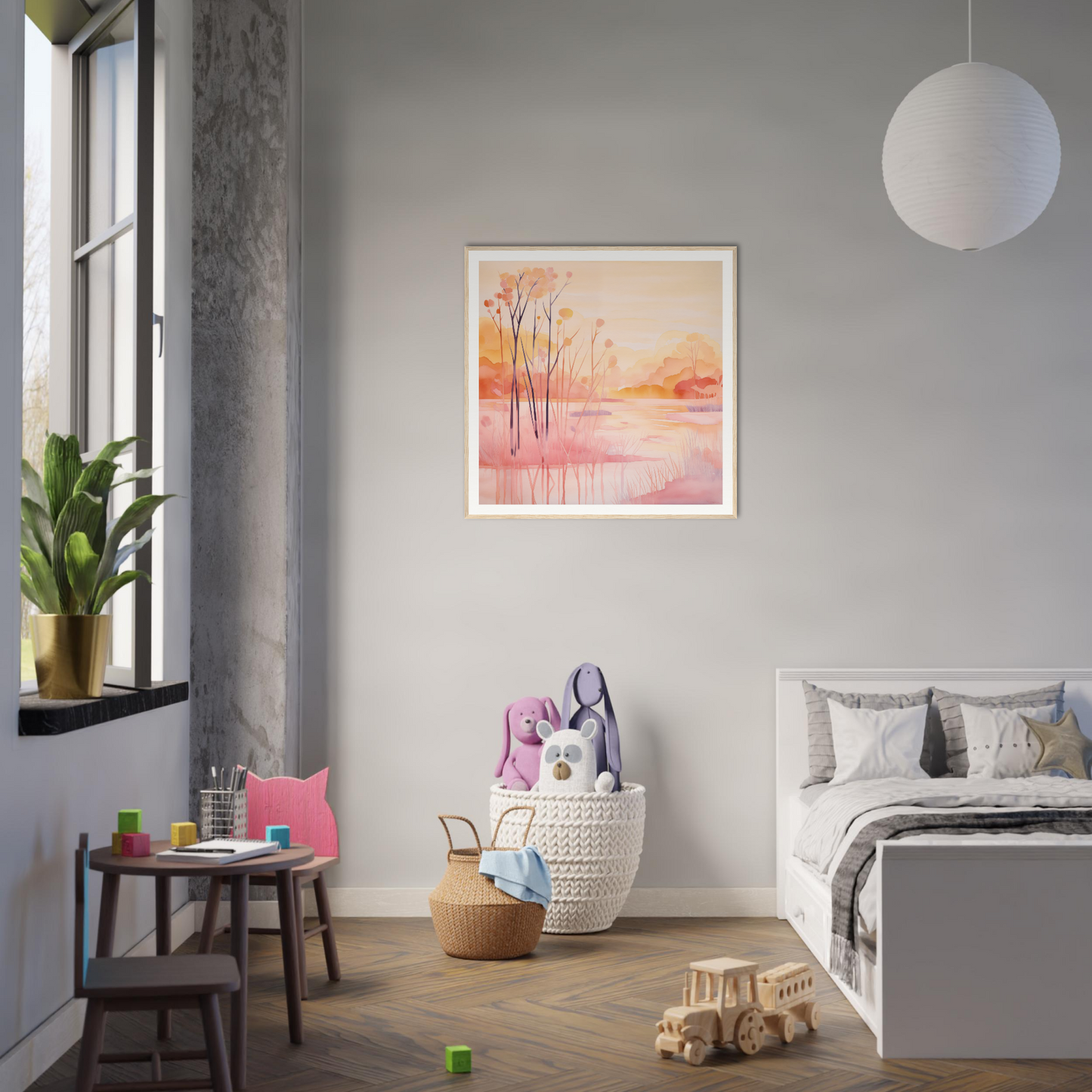 Modern bedroom with minimalist decor and soft pink accents, perfect for nursery decor