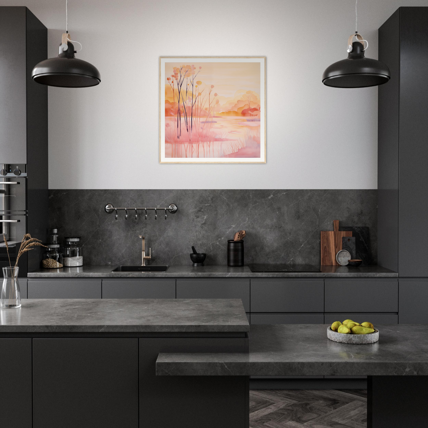 Modern dark kitchen with black cabinets and pink watercolor nursery wall art