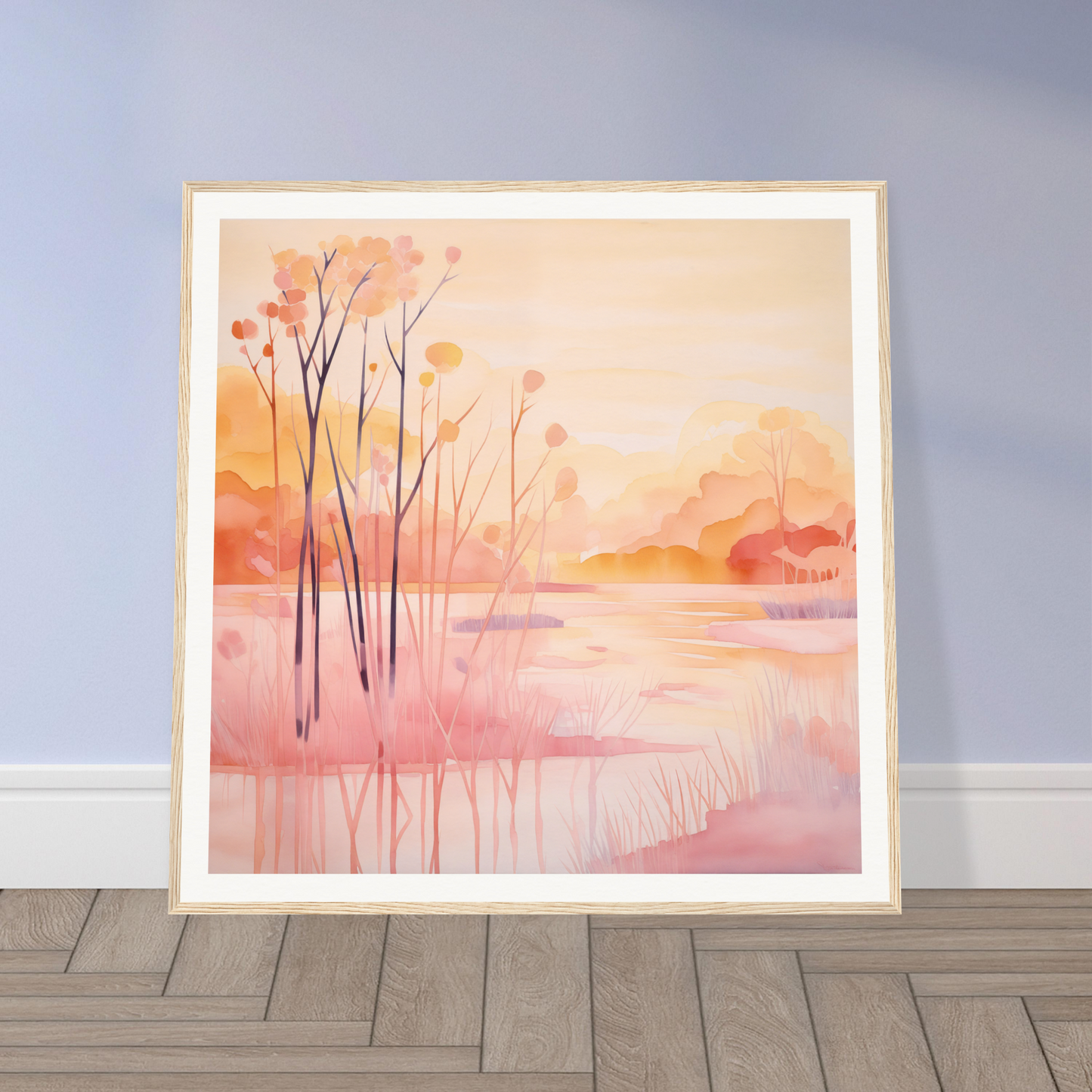 Framed watercolor painting of misty autumn landscape for nursery wall art decor