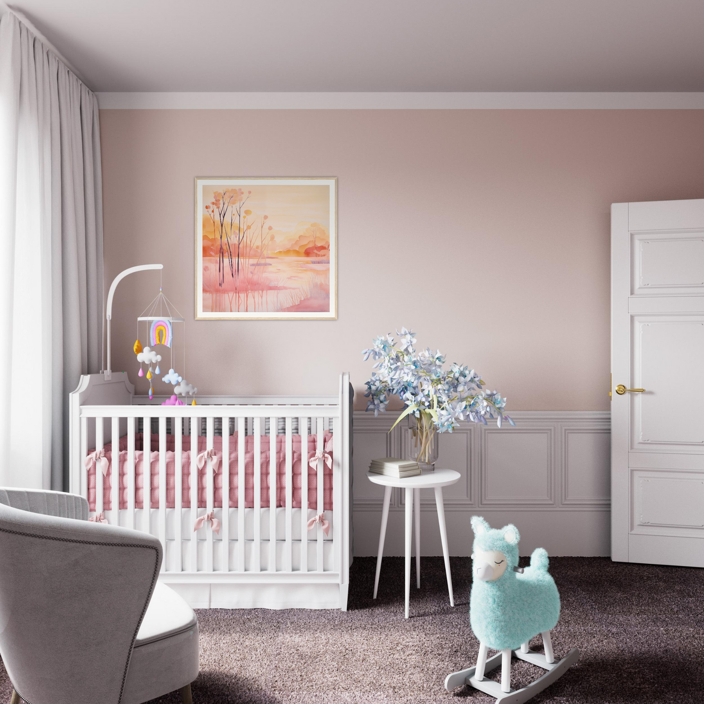 White wooden crib with pink bedding perfect for nursery decor or framed poster display