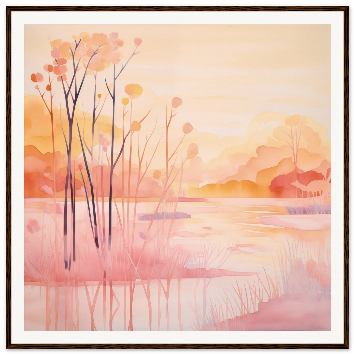Watercolor painting of a misty lake at sunset for nursery wall art or decor
