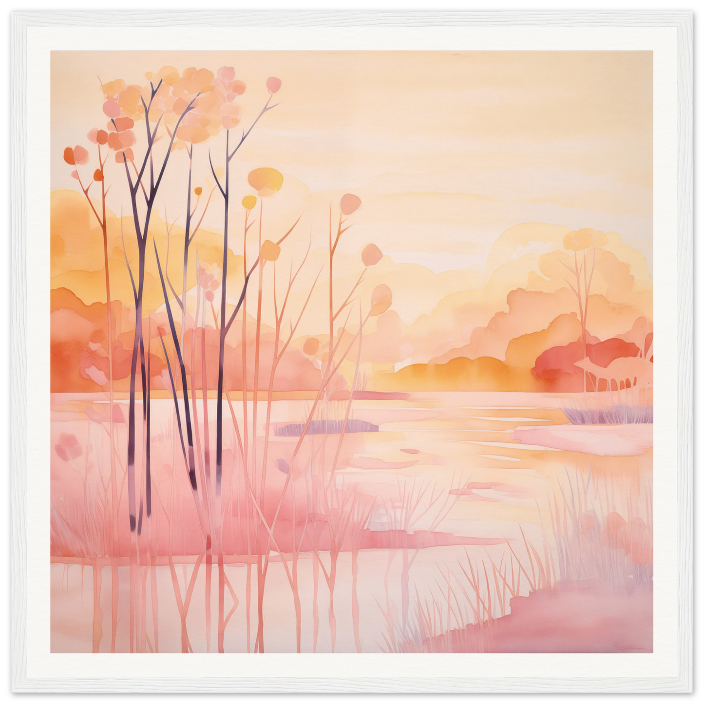 Watercolor painting of a tranquil lake sunset, perfect for nursery wall art or decor