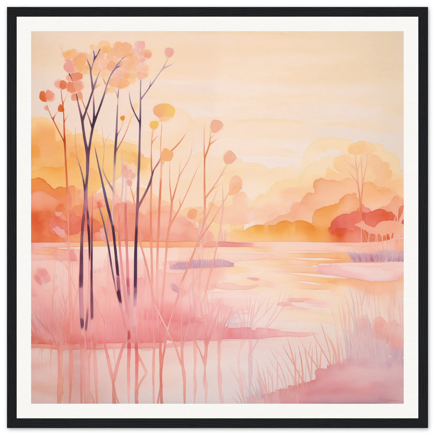Watercolor painting of a misty lake and bare trees, perfect nursery wall art