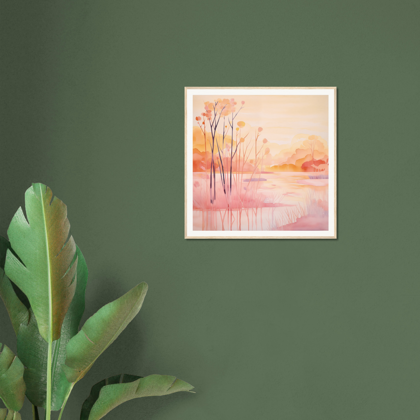 Framed watercolor sunset landscape with bare trees - perfect nursery wall art decor