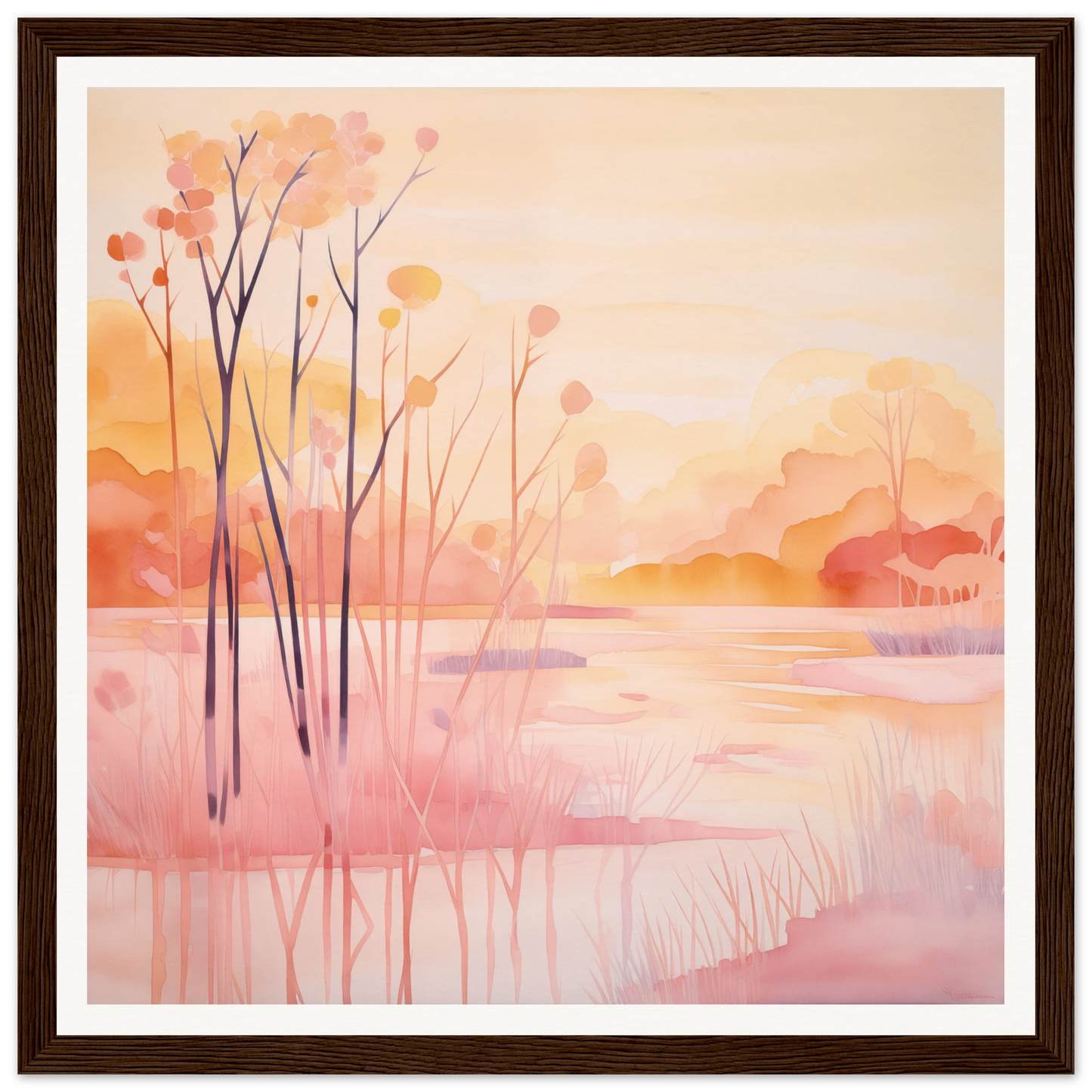 Watercolor painting of bare trees in a misty pink lake, perfect for nursery wall art