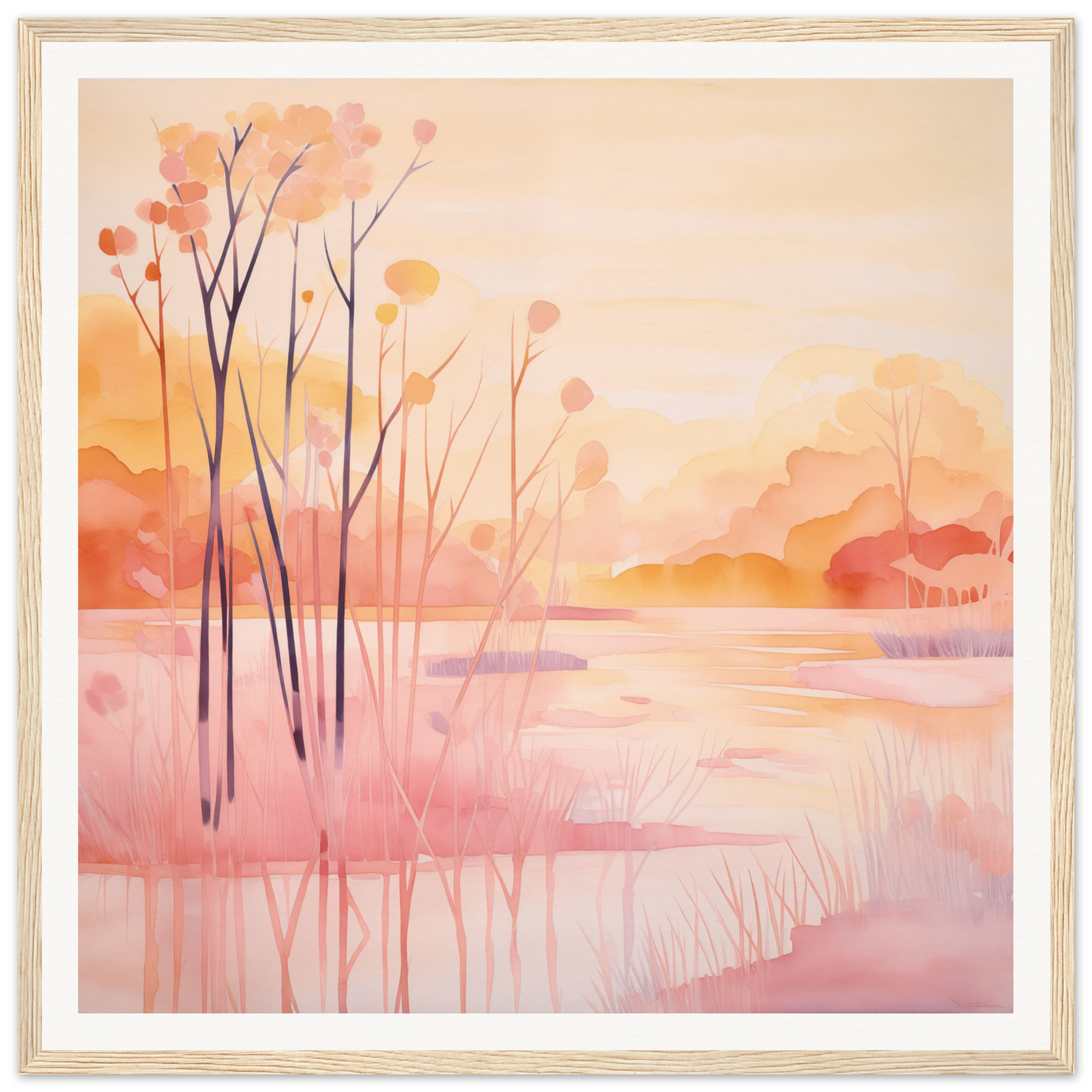 Watercolor painting of a tranquil lake sunset perfect for nursery wall art decor