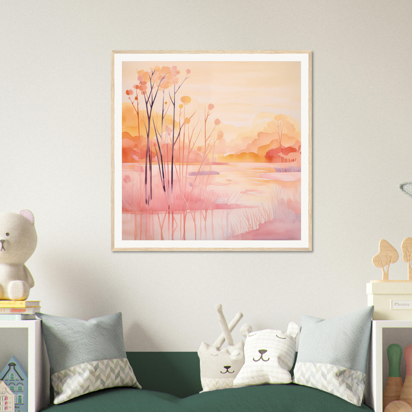 Framed watercolor sunset landscape art with trees for nursery wall decor