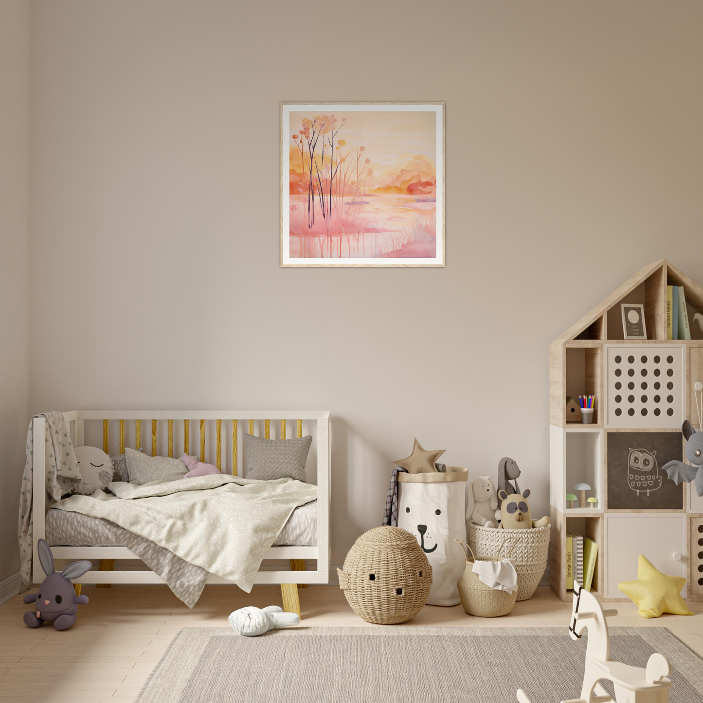Cozy nursery decor with a wooden crib, soft toys, and woven baskets for a perfect vibe