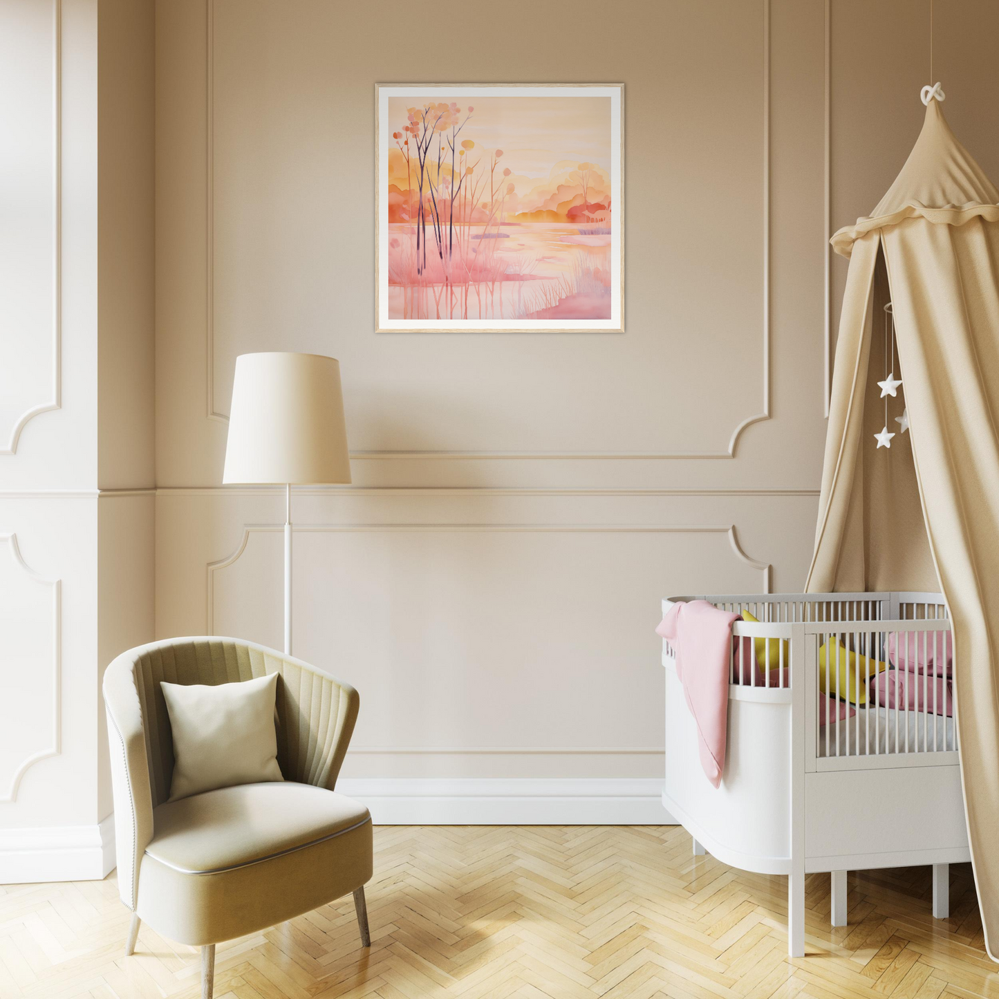 Modern nursery decor with a white crib and beige canopy, perfect for nursery wall art