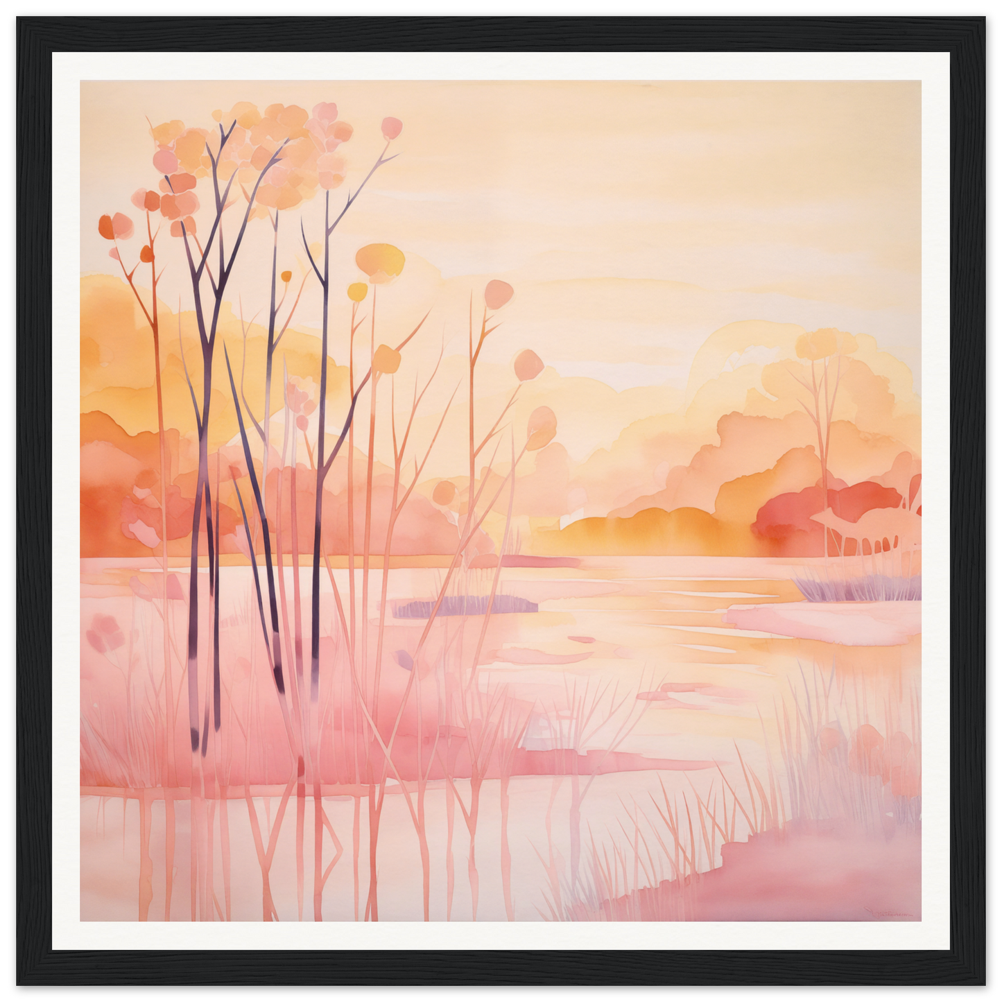 Watercolor painting of a serene lakeside at sunset for nursery wall art decor