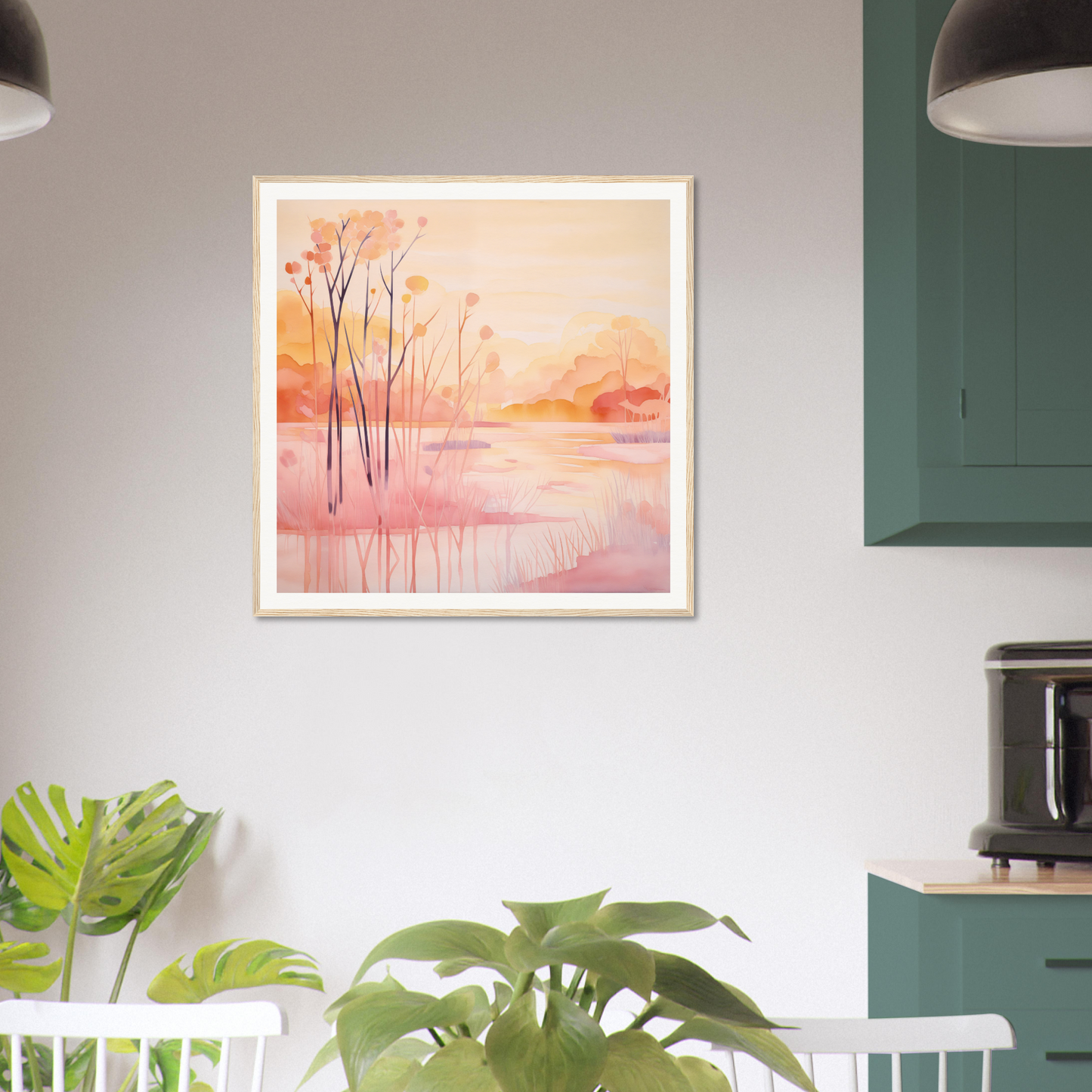 Framed watercolor painting of bare trees in pink water, perfect nursery wall art