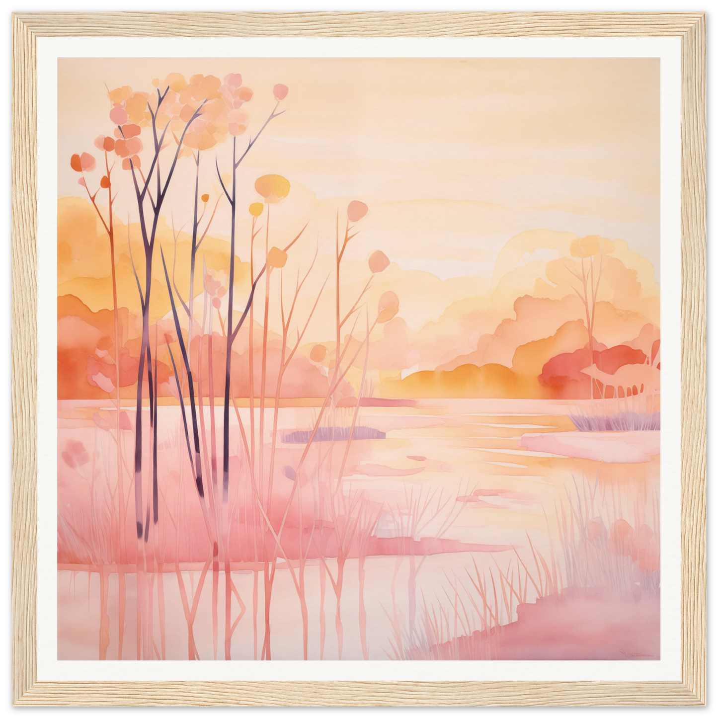 Watercolor painting of a tranquil lakeside for nursery wall art or framed poster