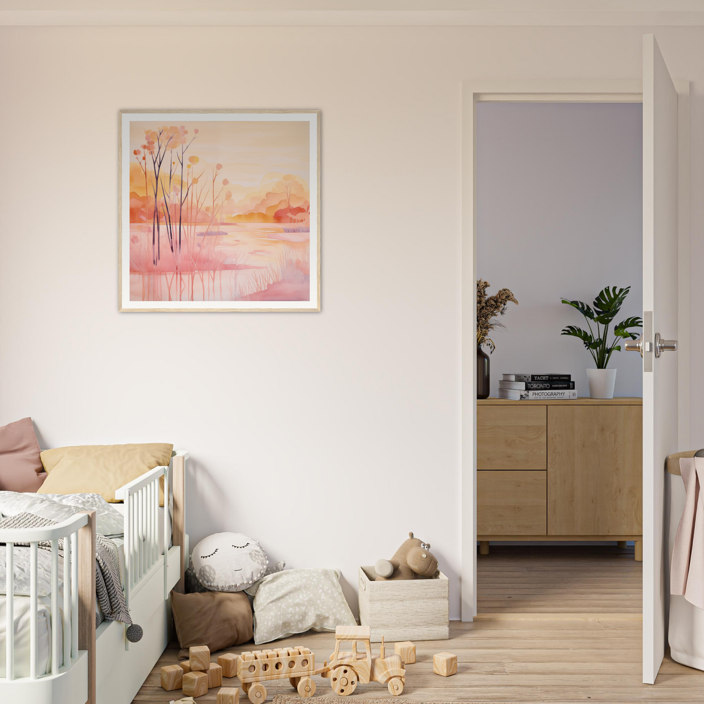 Pink and orange watercolor landscape framed poster for cute nursery decor