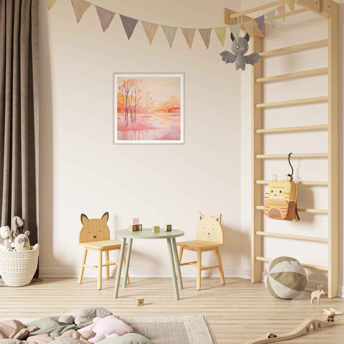 Bright children’s play area with fun animal chairs, perfect for nursery decor vibes