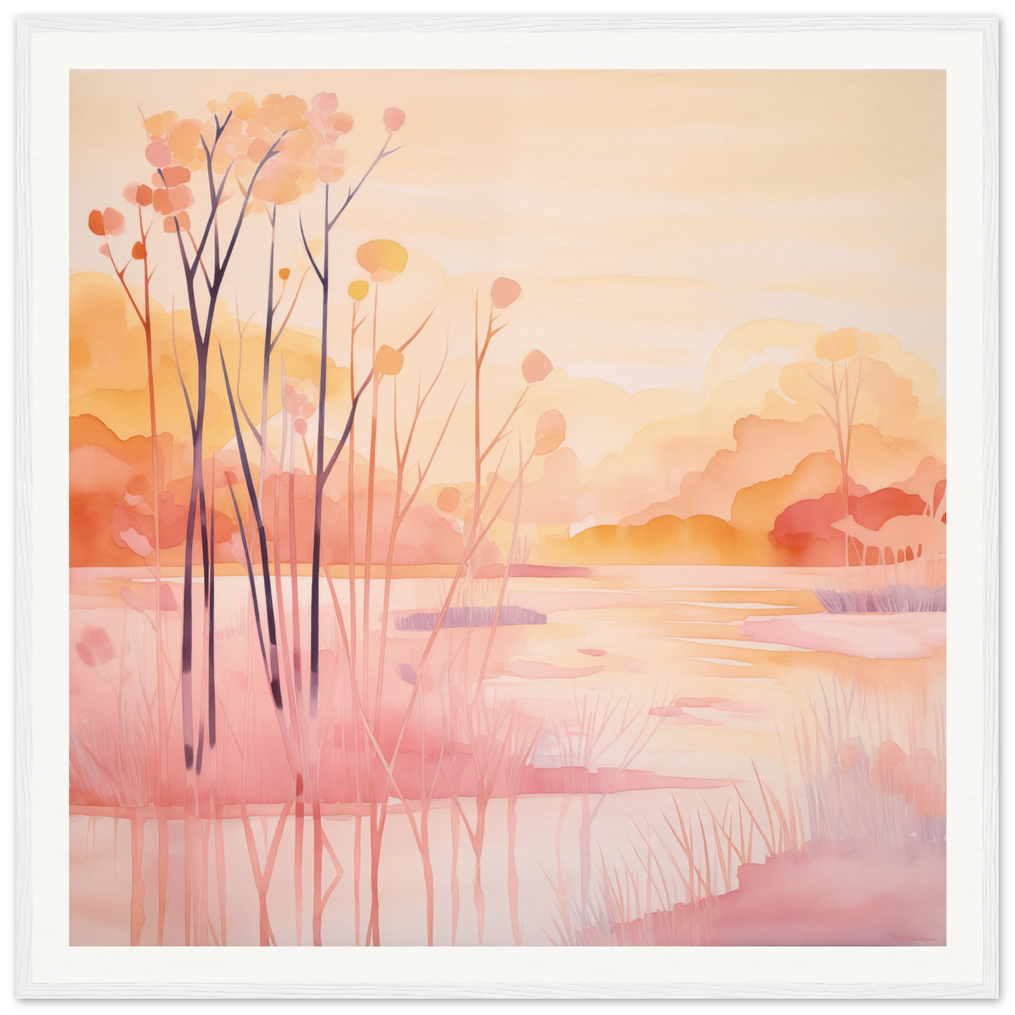 Watercolor painting of a misty lake at sunset for nursery wall art or decor
