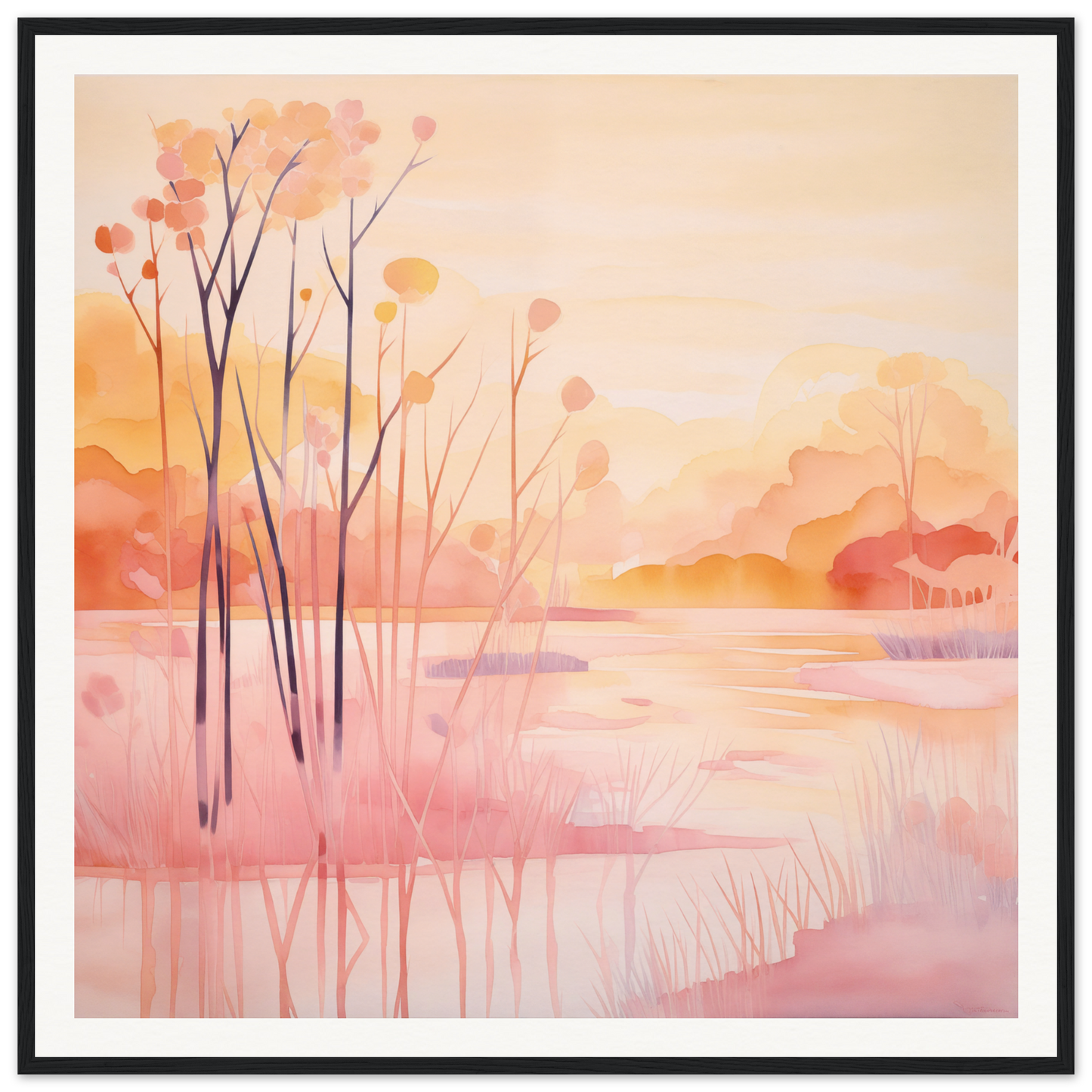 Watercolor painting of a misty lake with trees for nursery wall art or decor