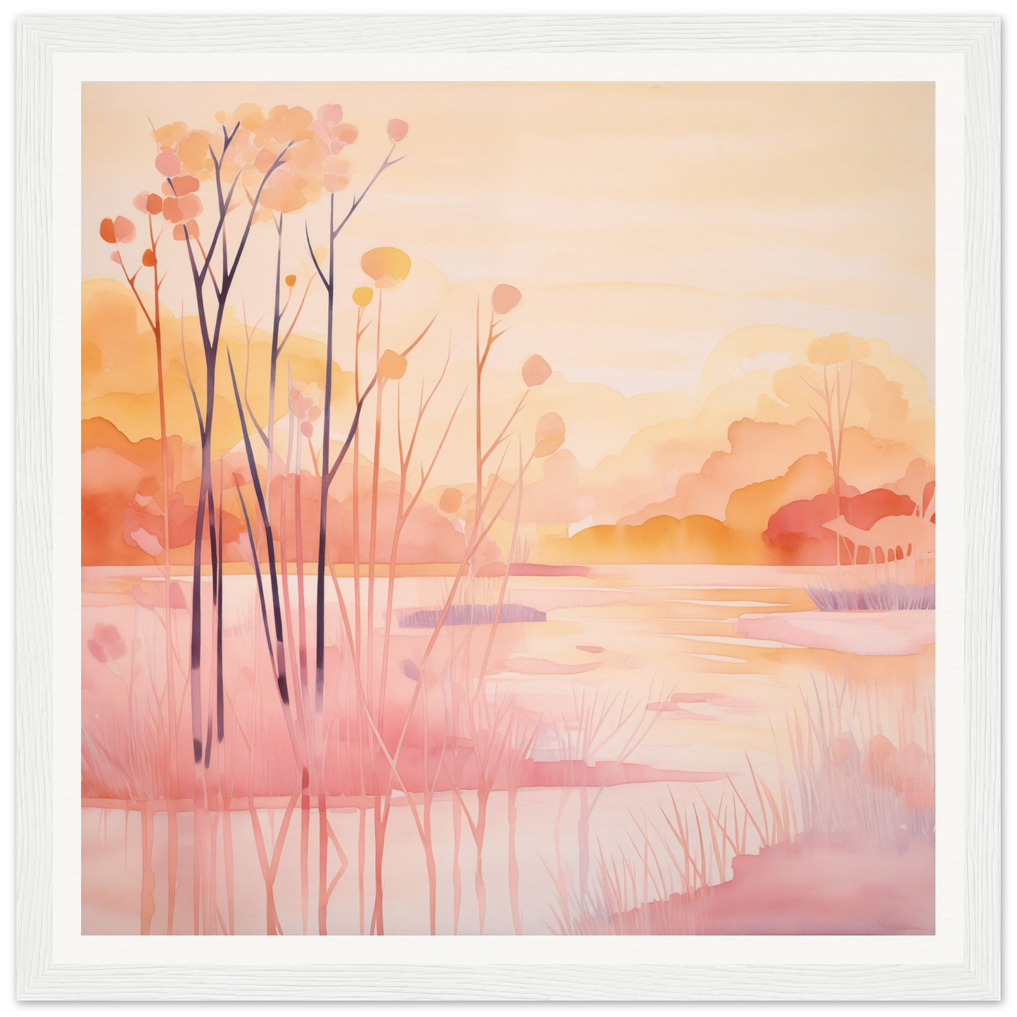 Watercolor painting of a misty lake with bare trees at sunset for nursery wall art