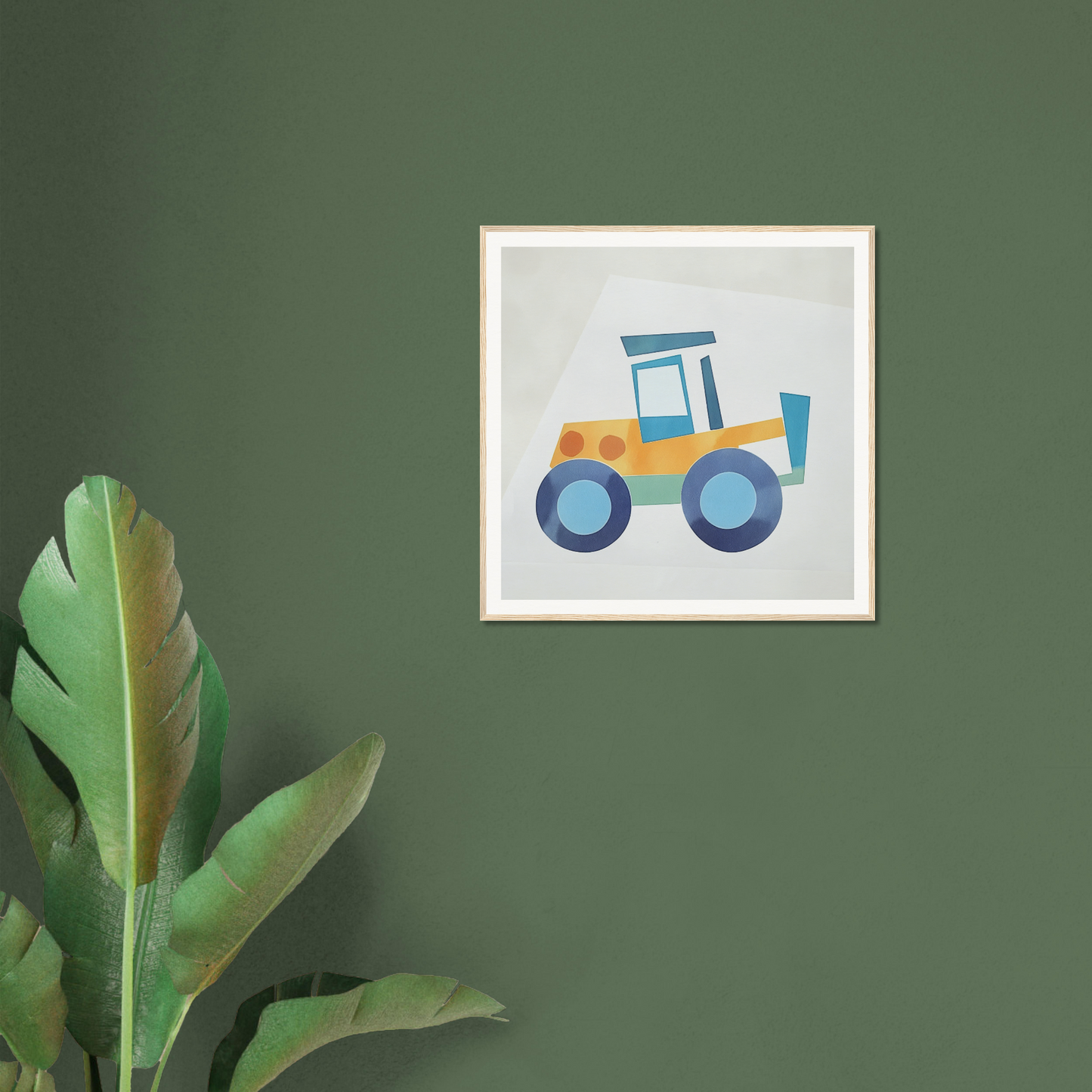 Framed illustration of a yellow and blue cartoon tractor for nursery wall art decor