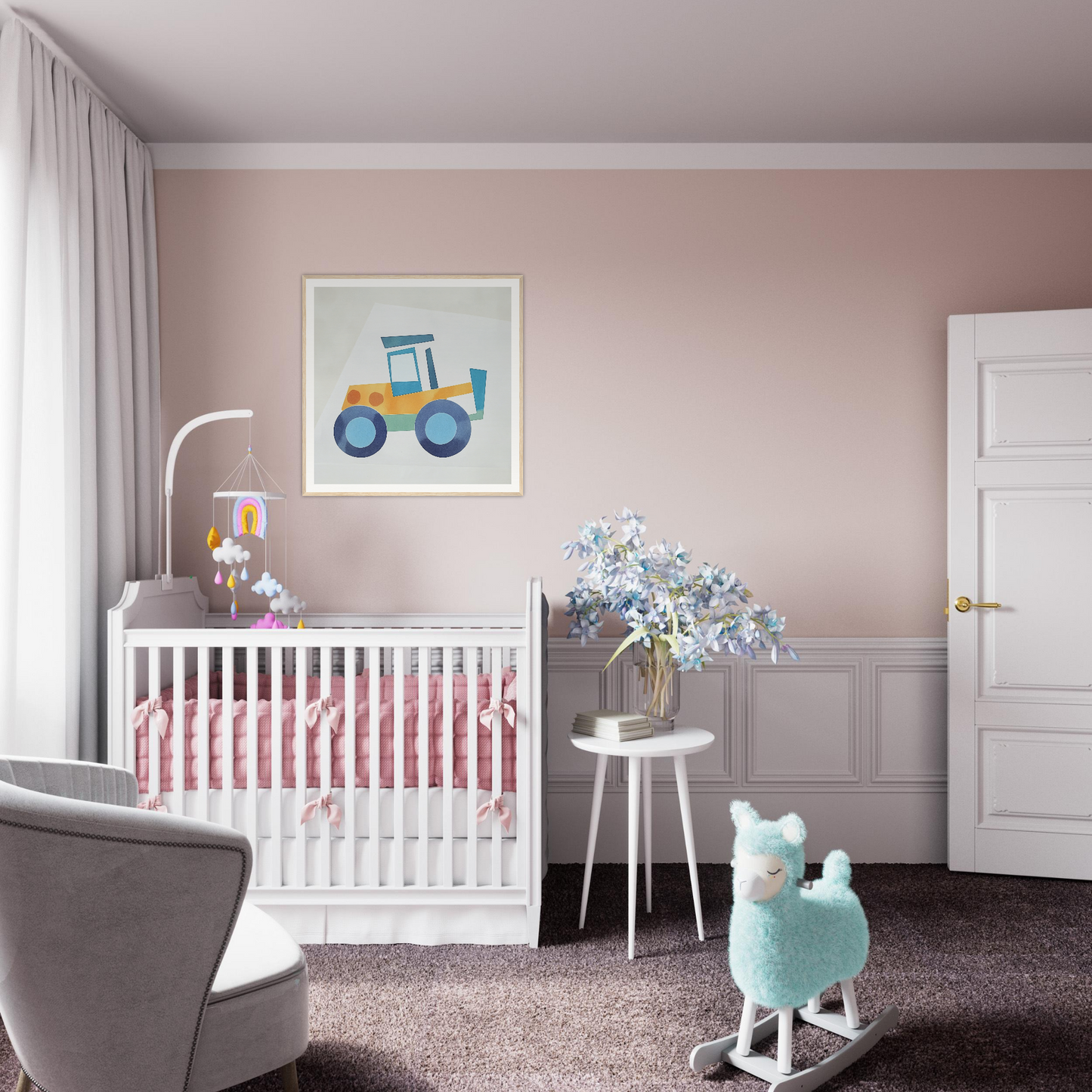 White wooden crib with pink bedding for stylish nursery decor like product223