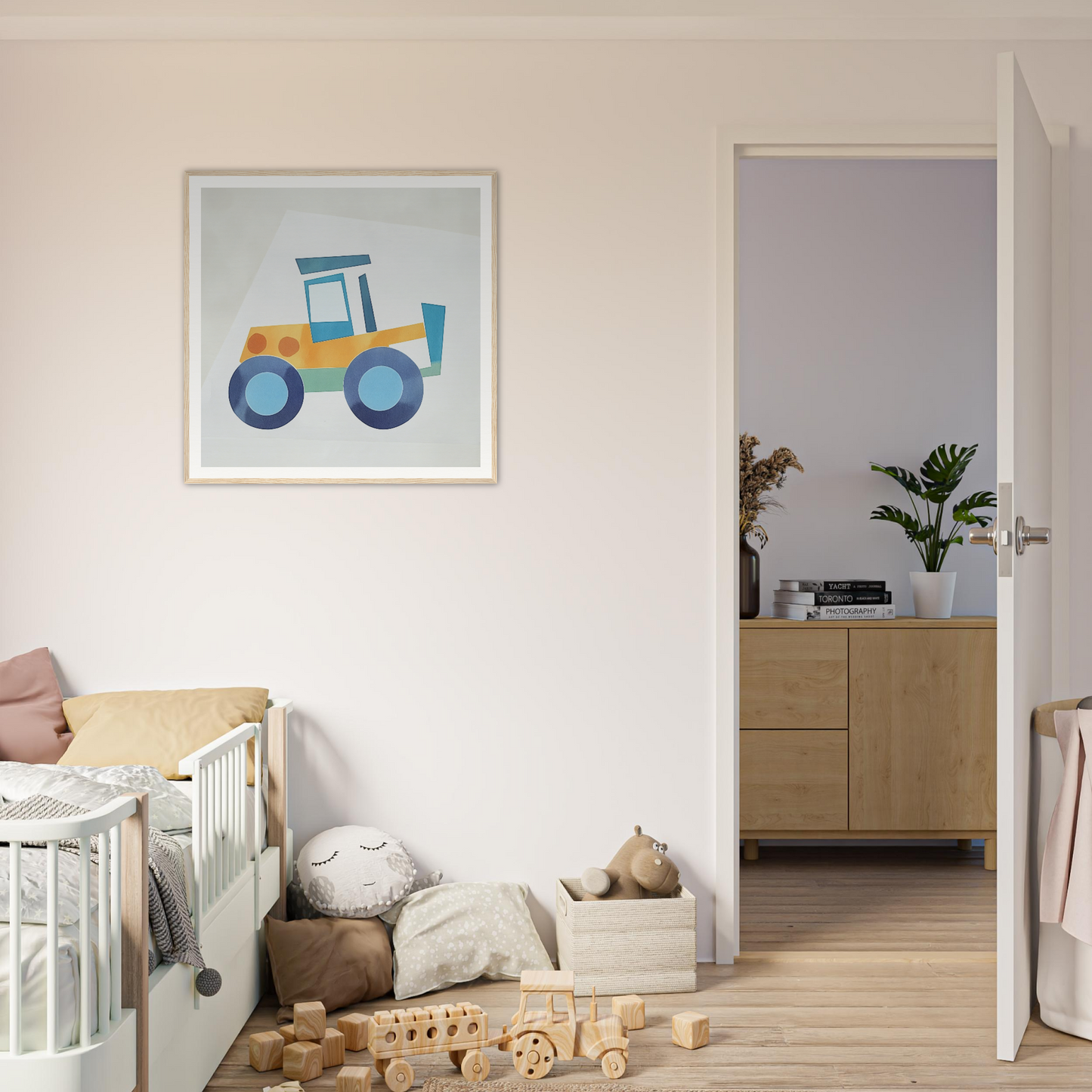 Framed illustration of a blue and yellow cartoon tractor for nursery wall art decor