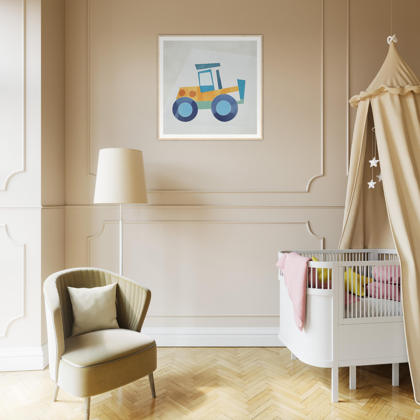 Framed illustration of a blue and yellow cartoon tractor for nursery wall art