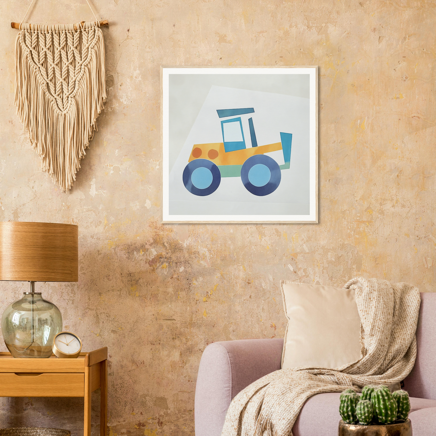 Cartoon blue and yellow tractor framed poster for cute nursery wall art decor