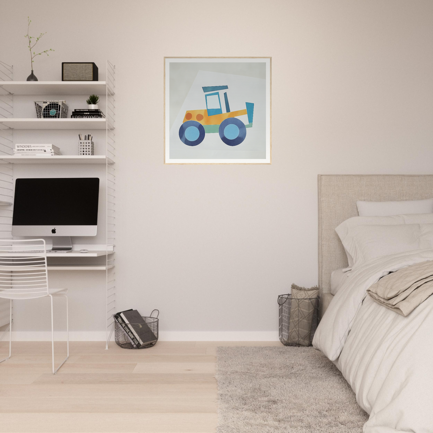 Framed poster of a blue and yellow tractor, perfect nursery wall art and decor
