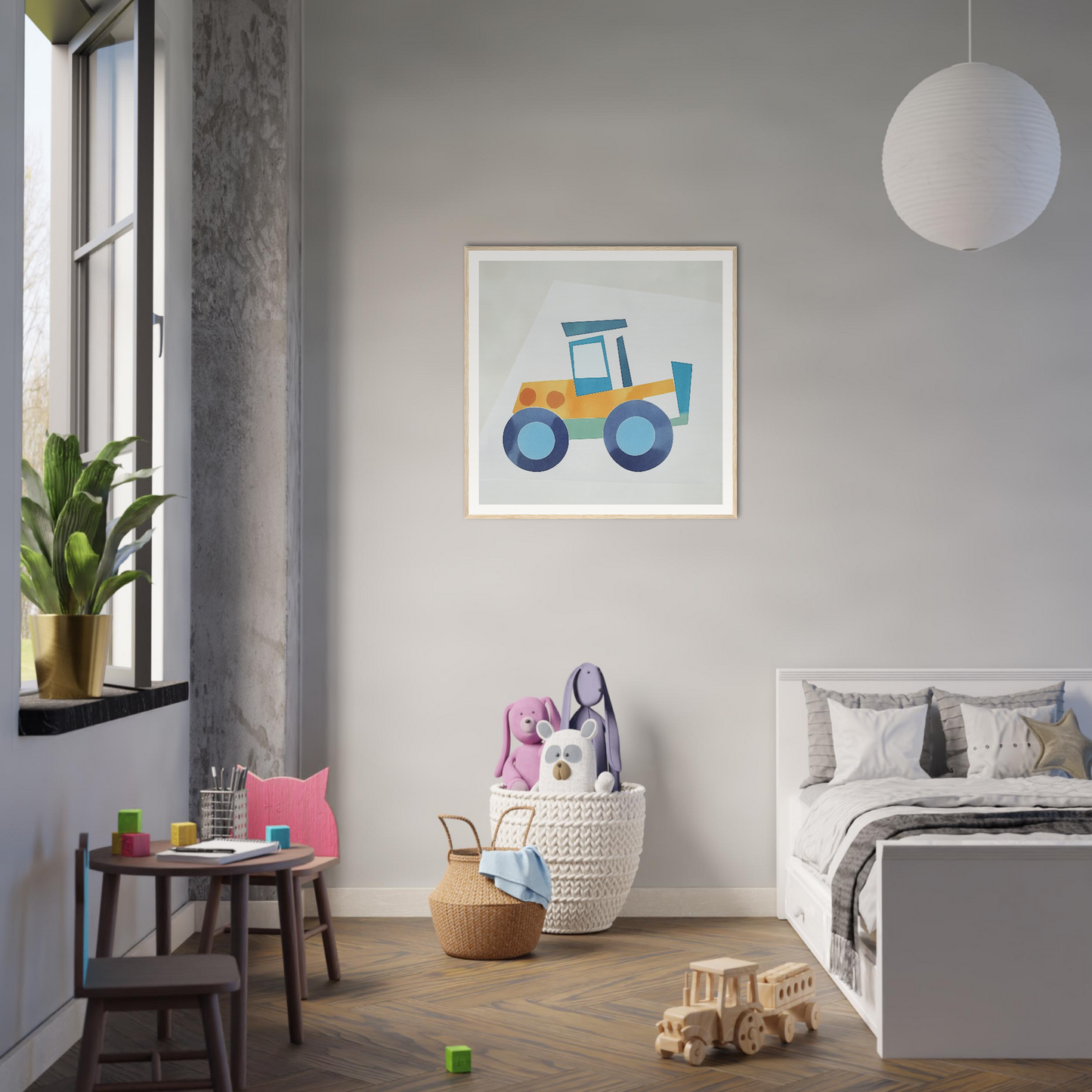 Framed poster of a blue and orange tractor for cool nursery decor